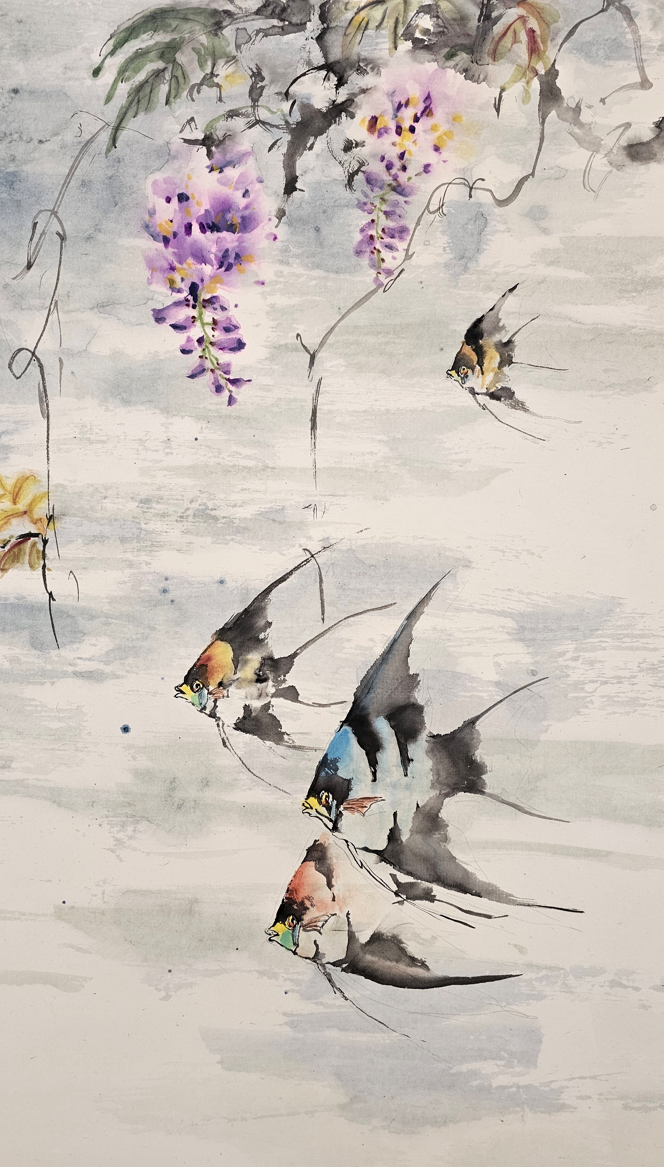 《金玉满堂》月下神仙鱼与紫藤花组合国画小写意作品