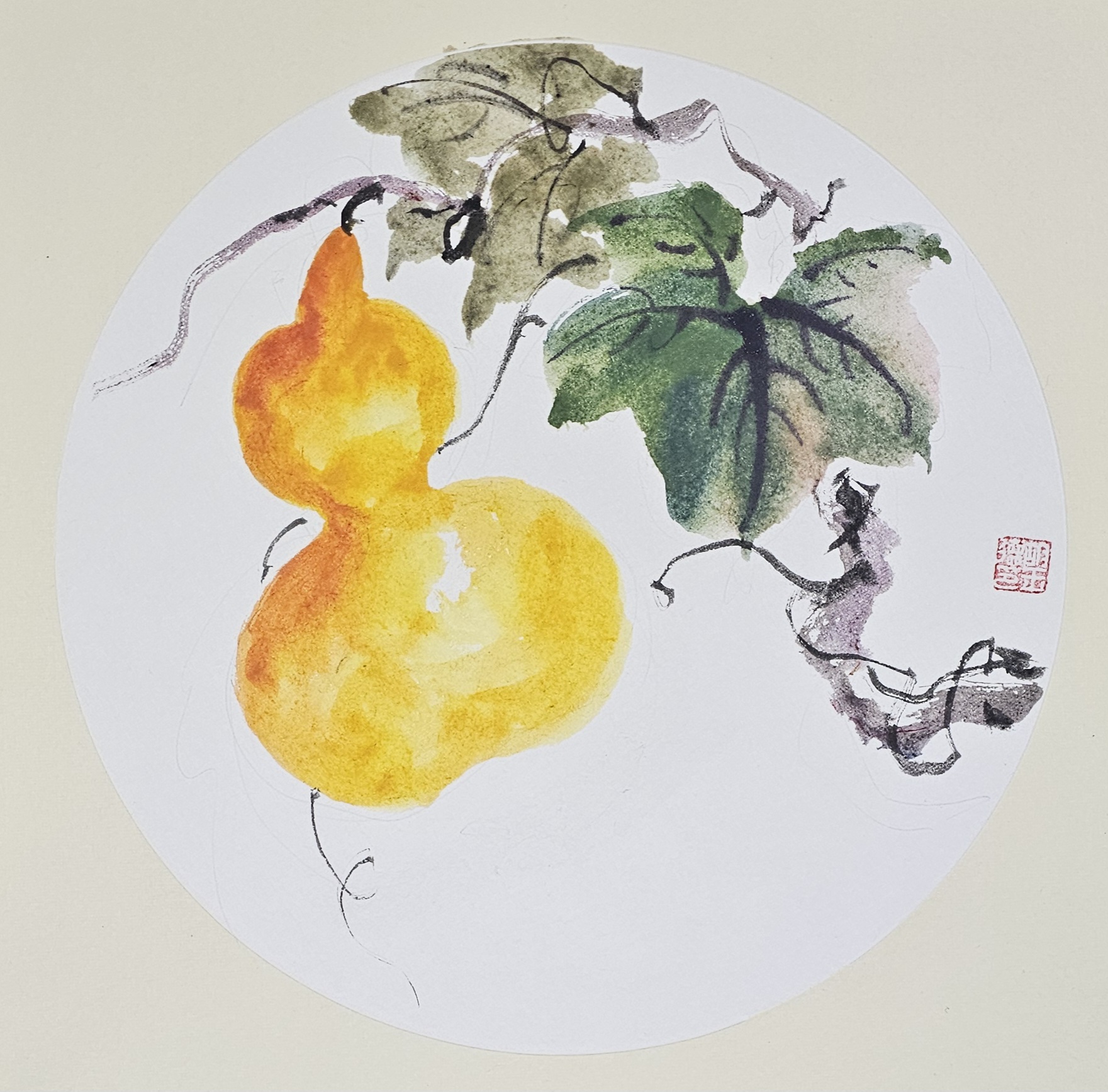 《推倒玉葫芦,迸出黄金液》葫芦国画小写意作品圆形构图