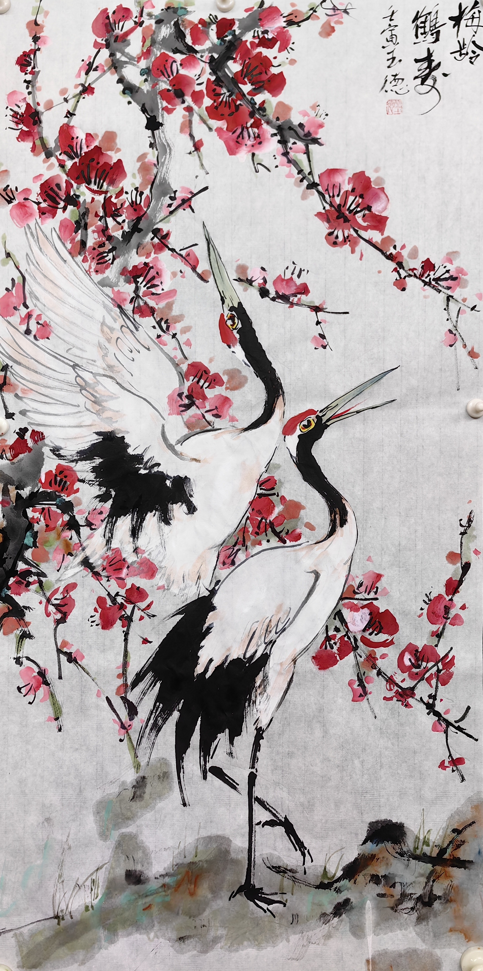 胡玉德老师创作《梅龄鹤寿》国画不同动态丹顶鹤与梅花组合