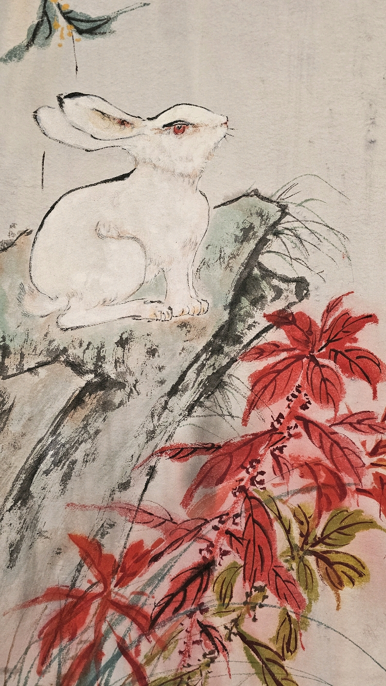 胡玉德老师创作《玉兔攀桂》月亮桂花及小白兔国画小写意作品