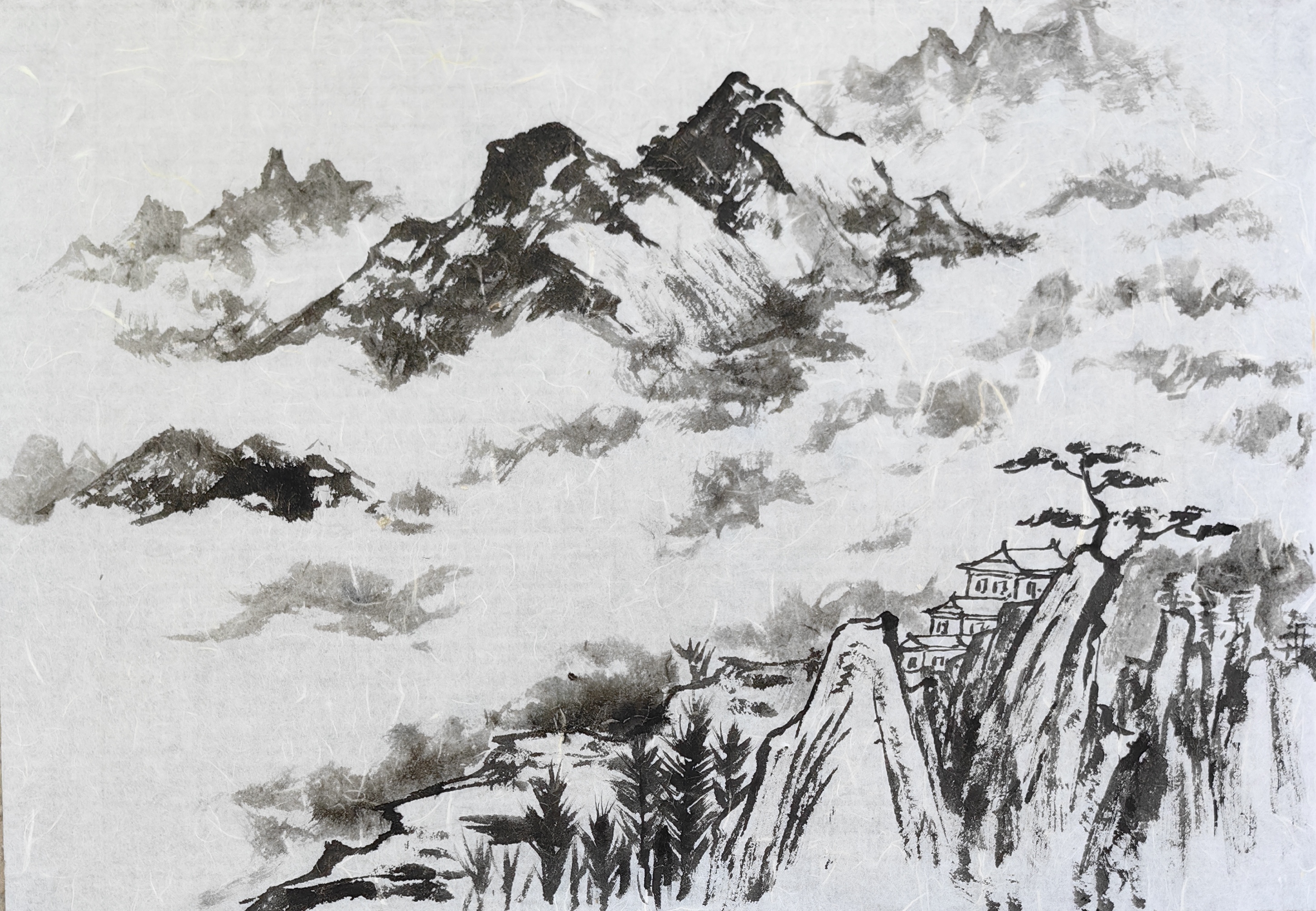 胡玉德老师创作《云海缥缈似仙境》国画云烟法