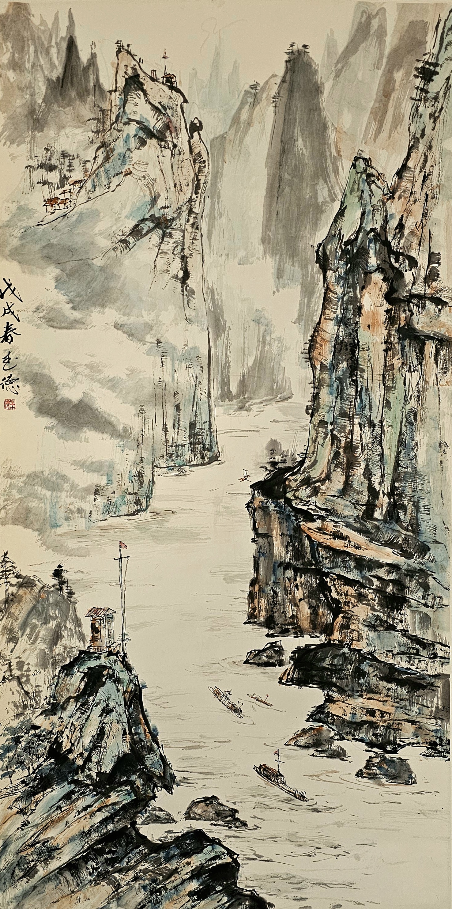 胡玉德老师创作《三峡楼台淹日月,五溪衣服共云山》小青绿山水