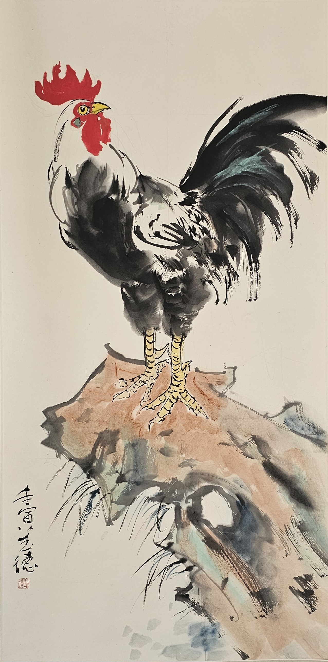 胡玉德老师创作《鸡啼晓雾唤晨霞,昂首挺胸意气加》大公鸡国画