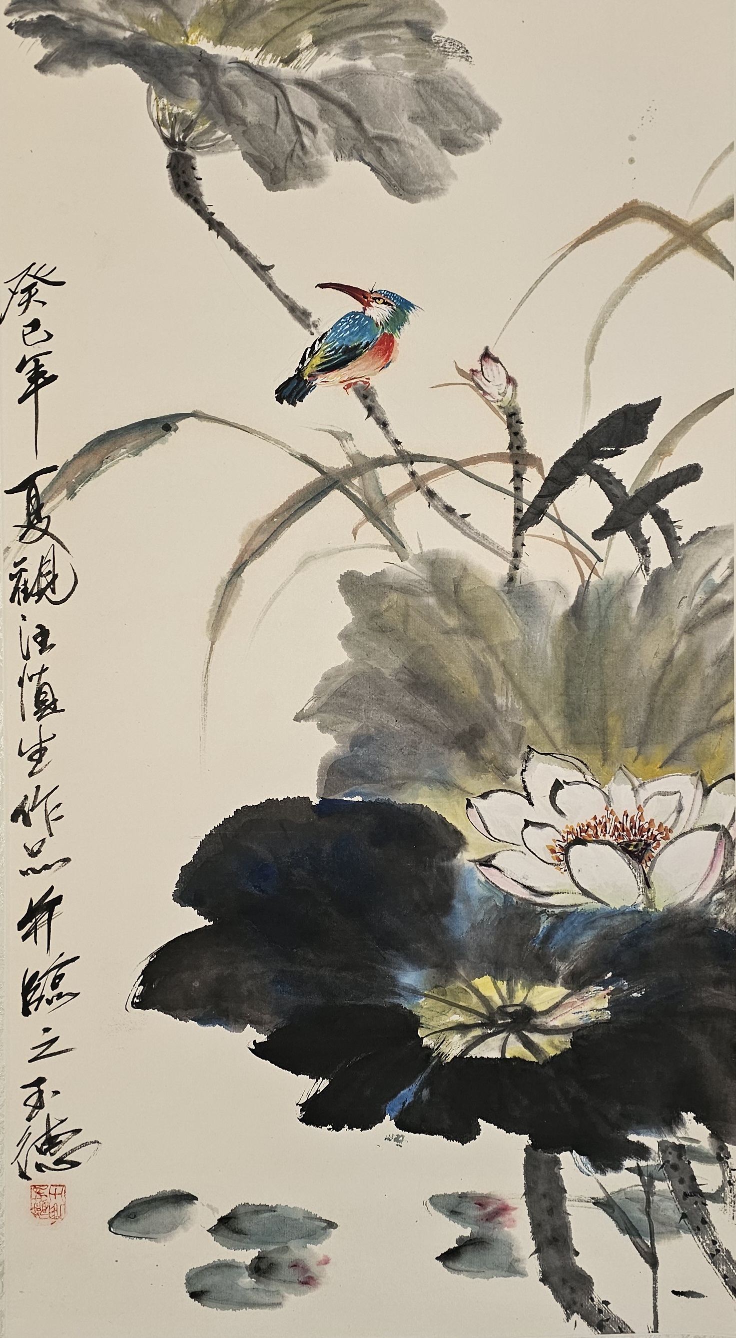 胡玉德老师创作《白荷翠鸟图》国画小写意作品掌握翠鸟动态