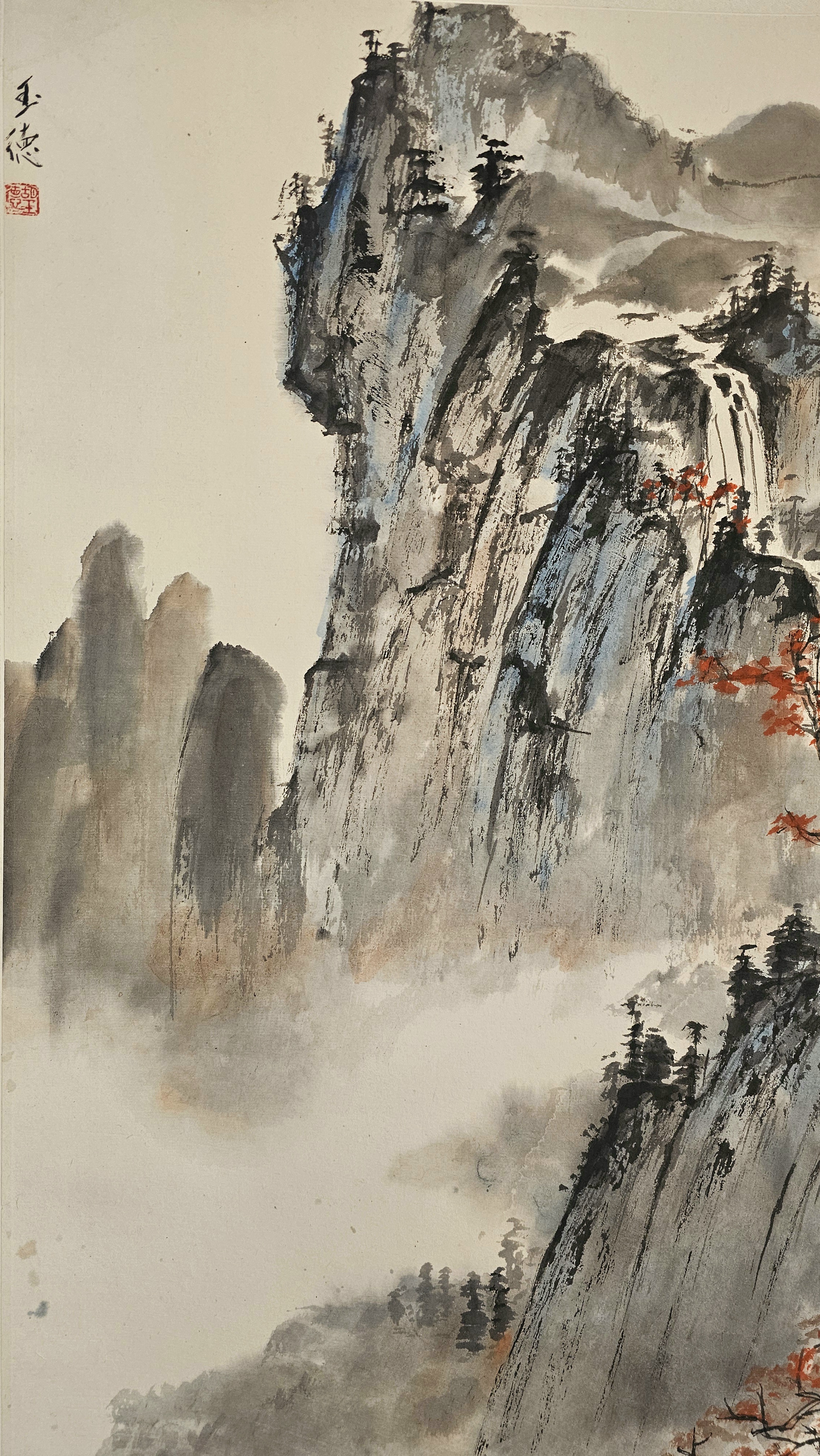 胡玉德老师创作《空山新雨后,天气晚来秋》高山飞瀑秋天红叶国画