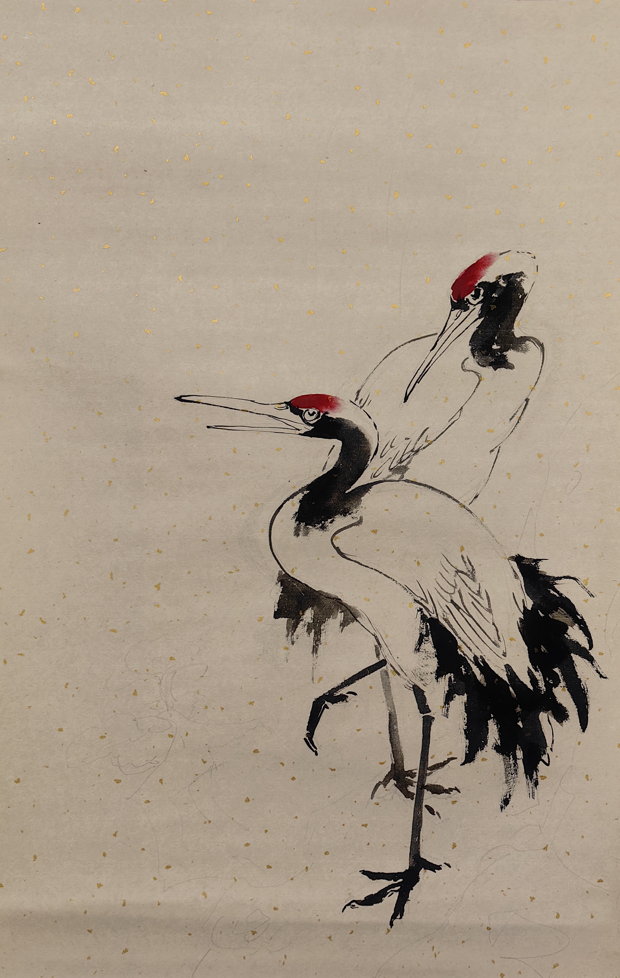 胡玉德老师创作《松鹤延年》两只丹顶鹤站立松树动态国画小写意