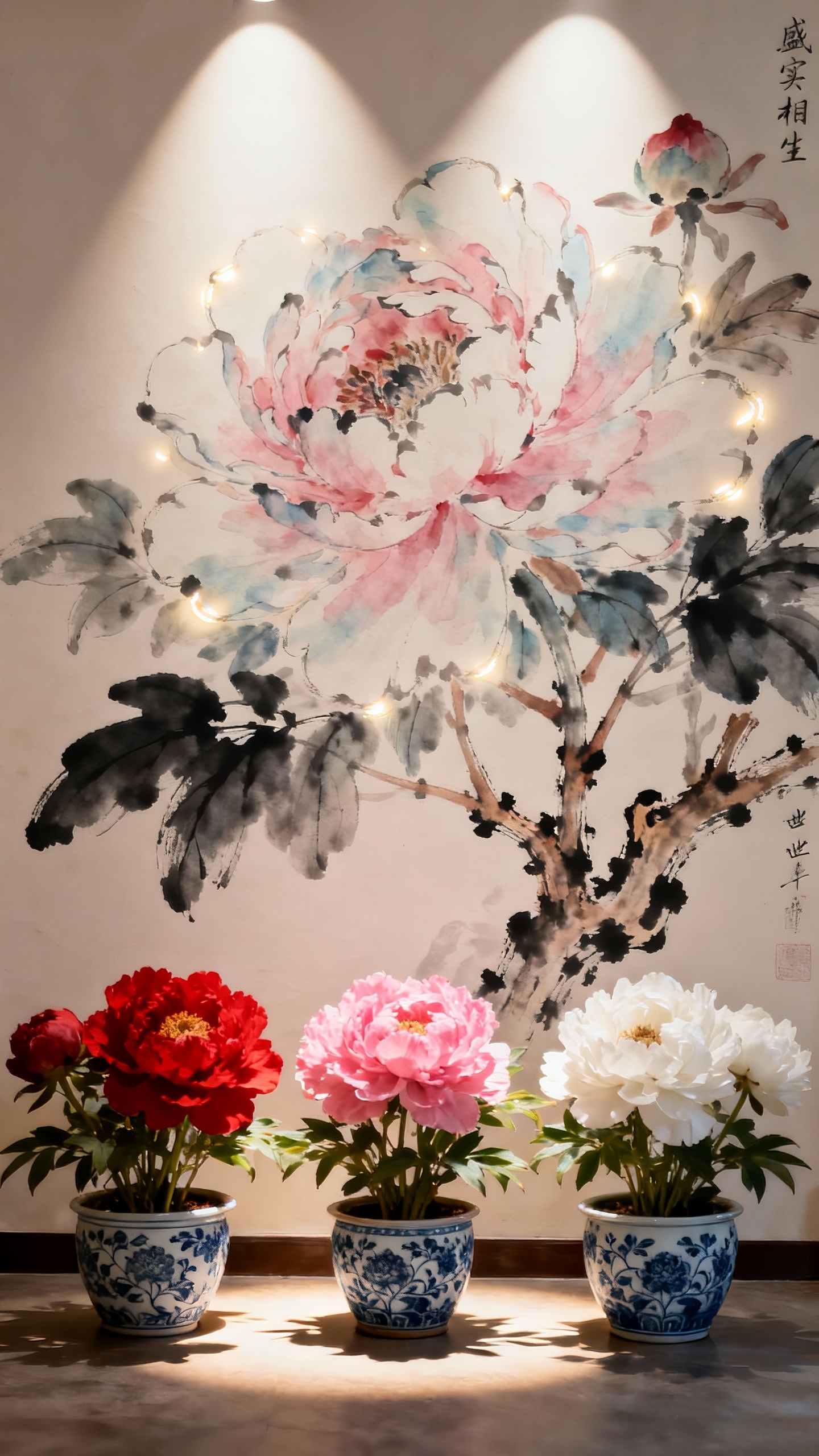 —以水墨技法勾勒牡丹轮廓,花瓣用淡彩晕染出