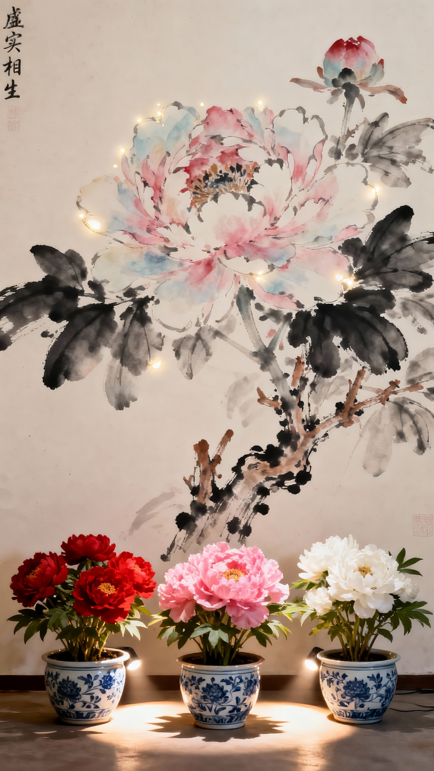 —以水墨技法勾勒牡丹轮廓,花瓣用淡彩晕染出