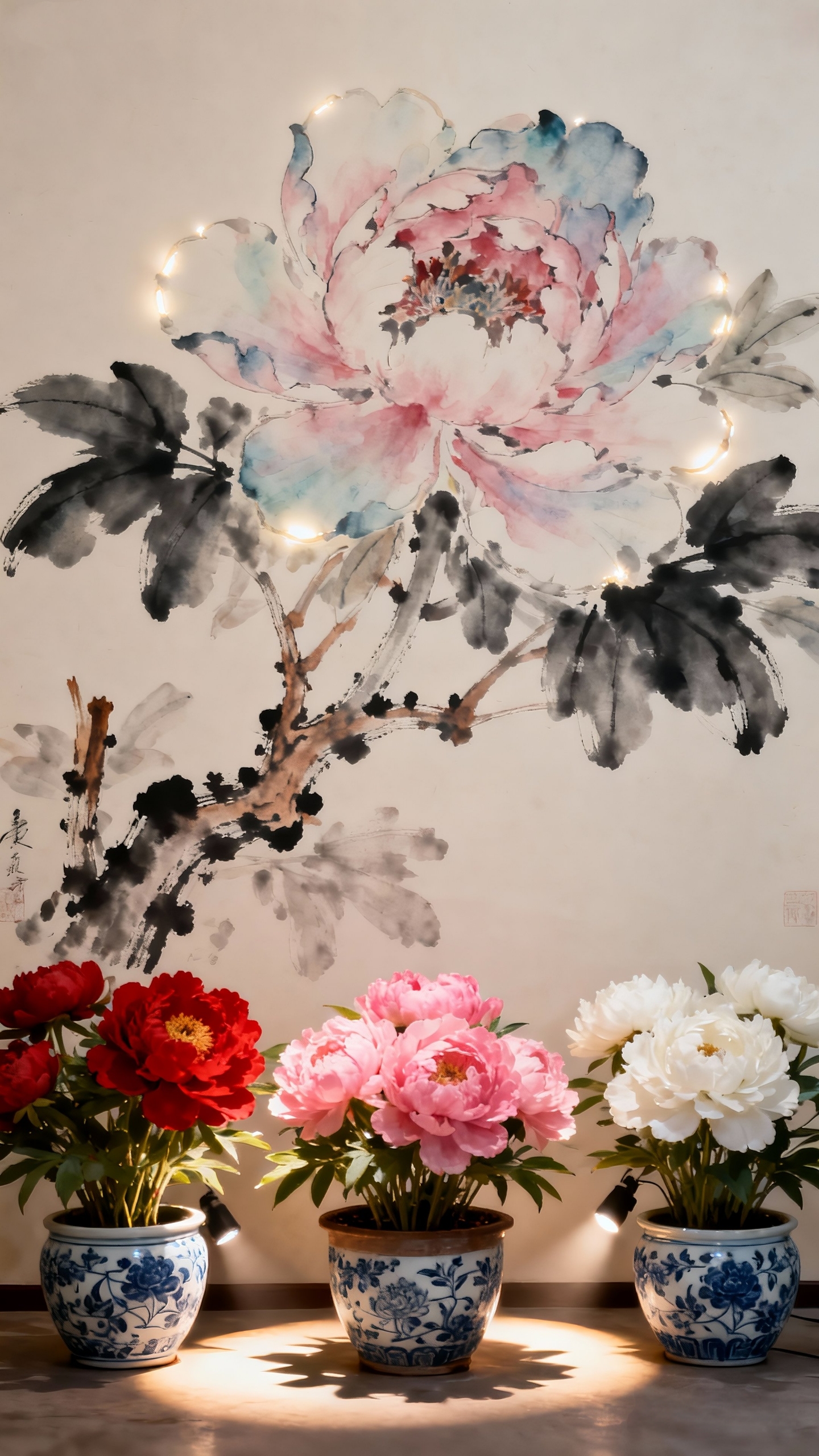 —以水墨技法勾勒牡丹轮廓,花瓣用淡彩晕染出