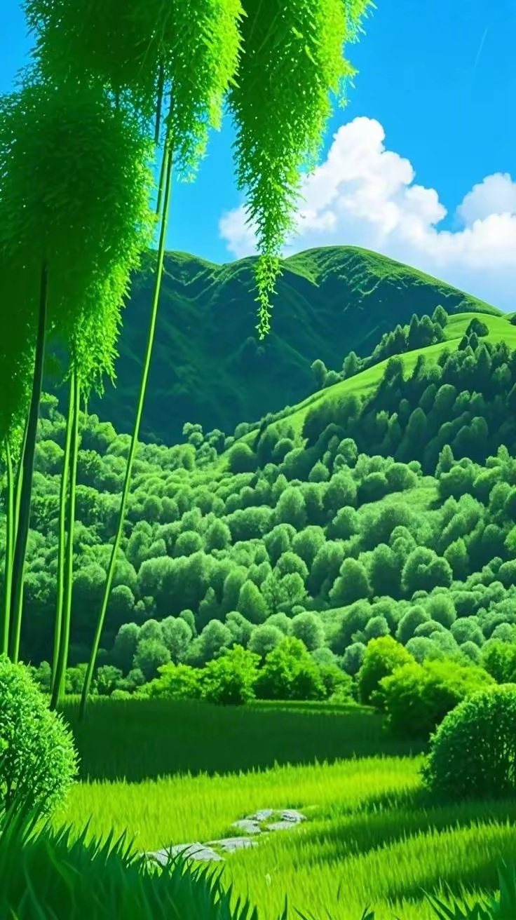 顶级视觉-绿色山水诗意画卷,护眼手机屏保壁纸