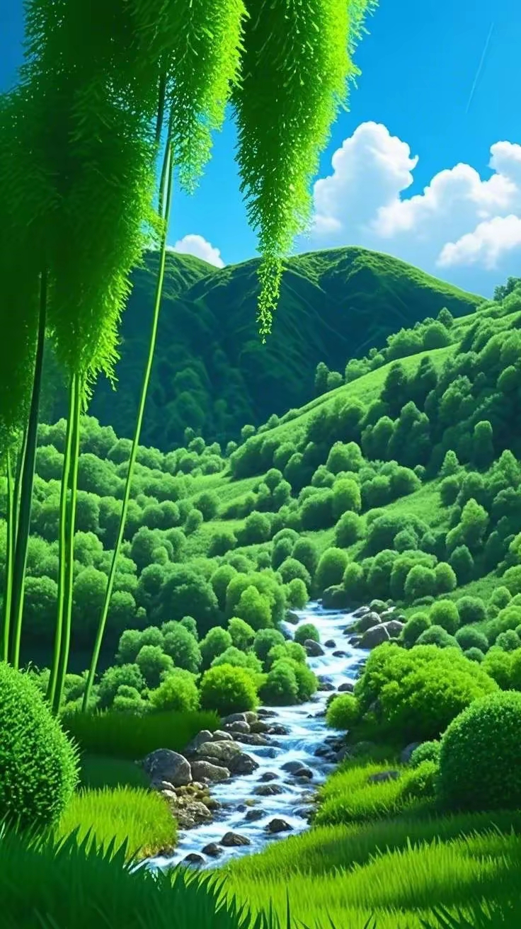 顶级视觉-绿色山水诗意画卷,护眼手机屏保壁纸