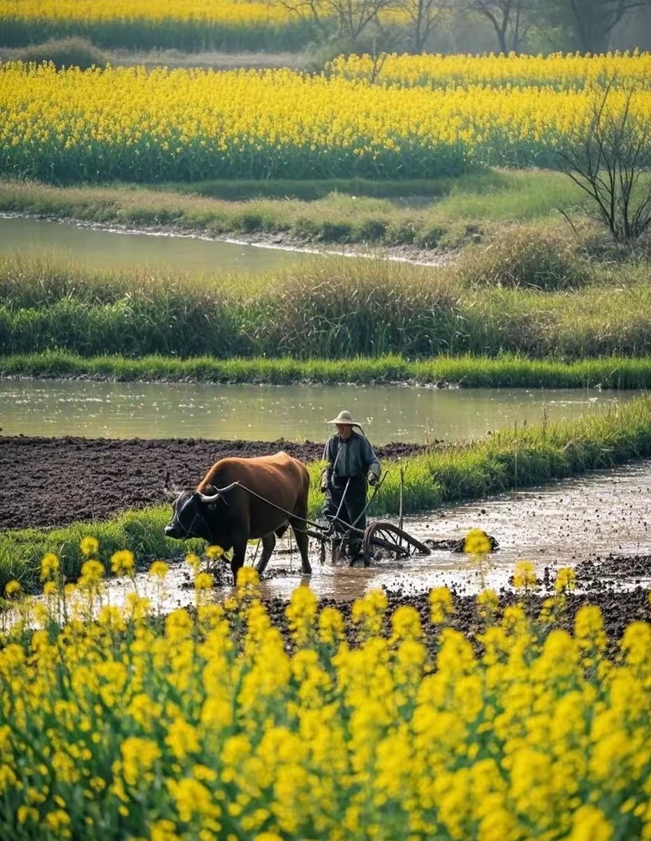 春耕牛忙菜花黄, 布谷声声催种忙. 老农扶犁田中行