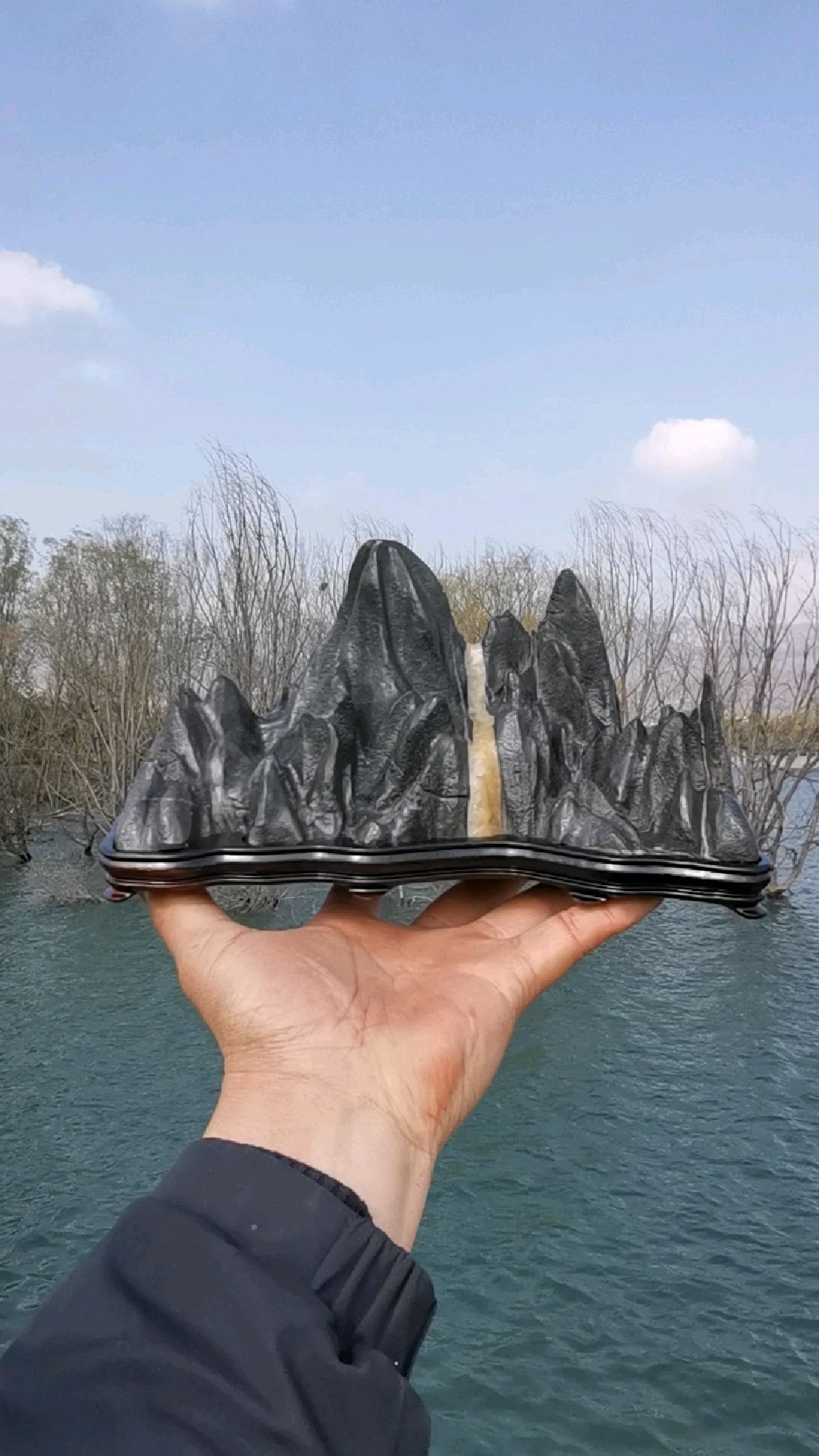 灵璧石高山流水山型石头靠山摆件