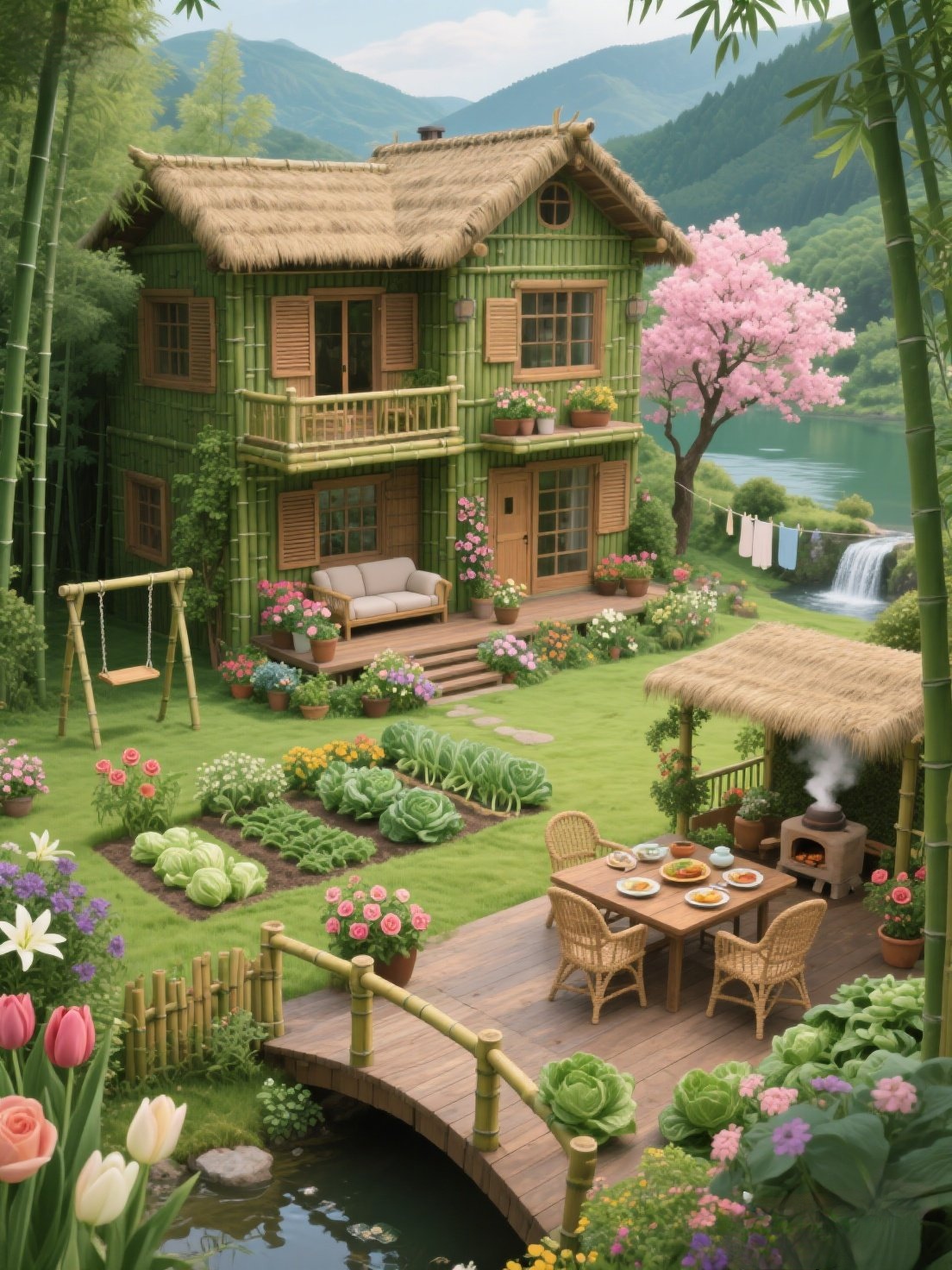 在这片绿意盎然的山谷中,一座竹制小屋静静伫立,仿佛与自然融为一体