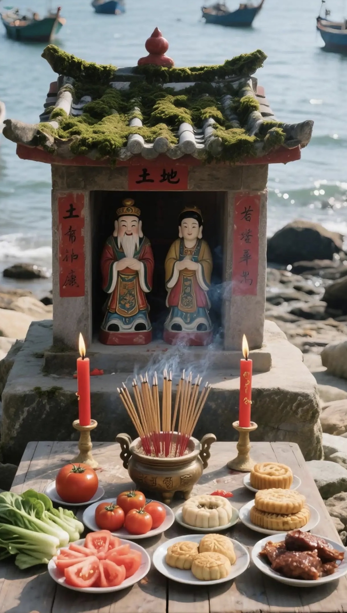 宁静村落边,立着座小巧的土地庙,神龛里的土地公与土地婆