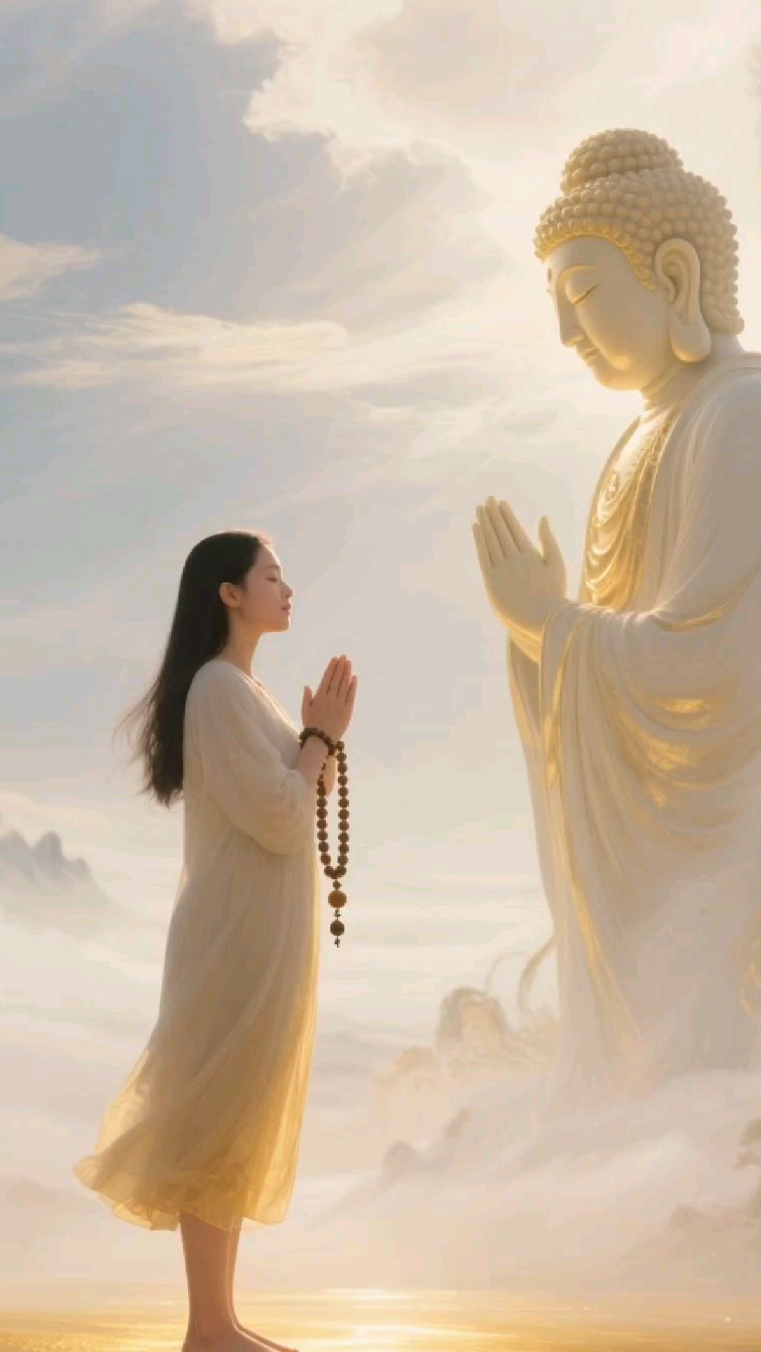 女子面对佛祖礼拜,双手合十,戴着佛珠,赤脚,金色阳光照耀