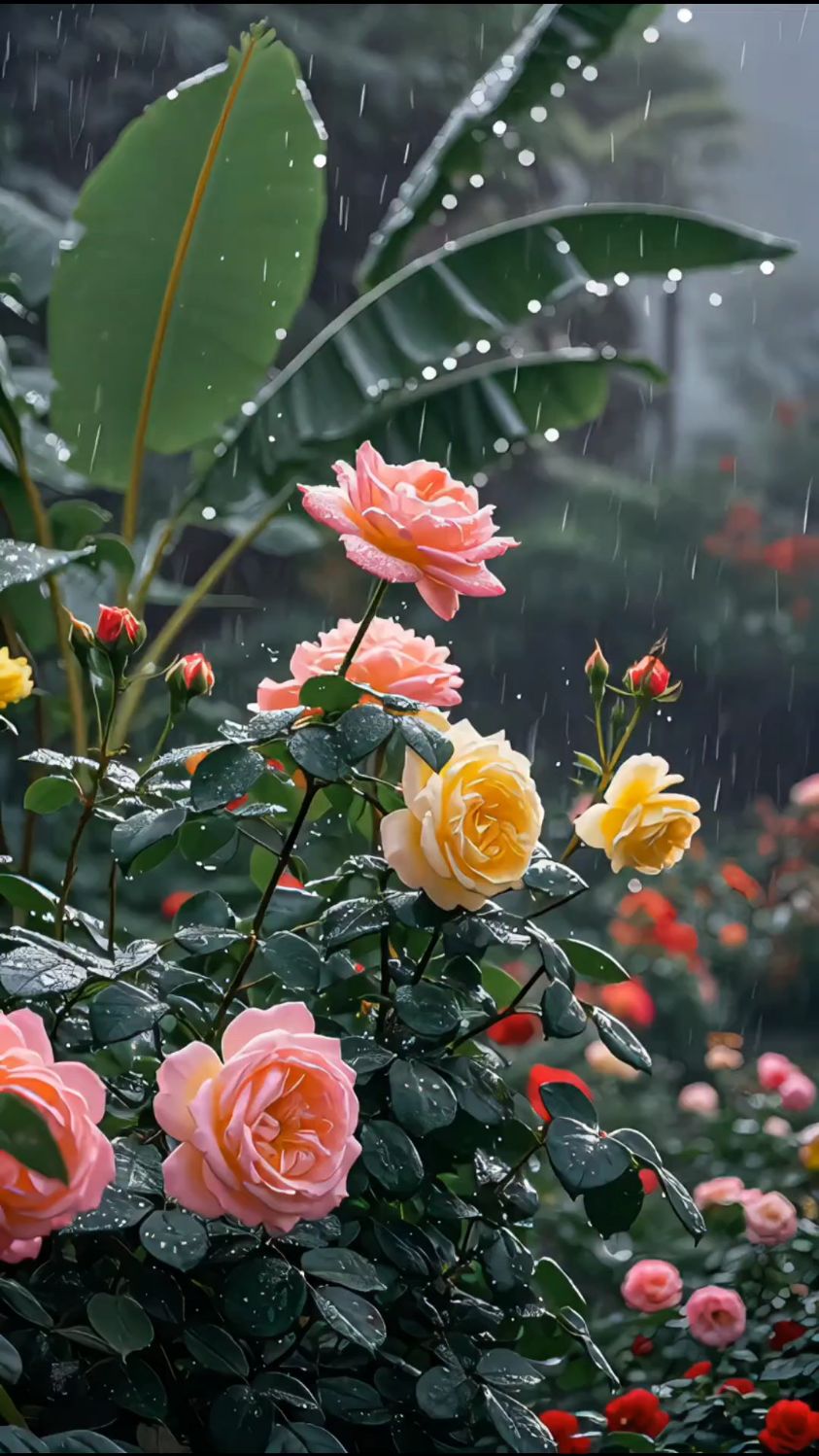 雨中盛开的月季花