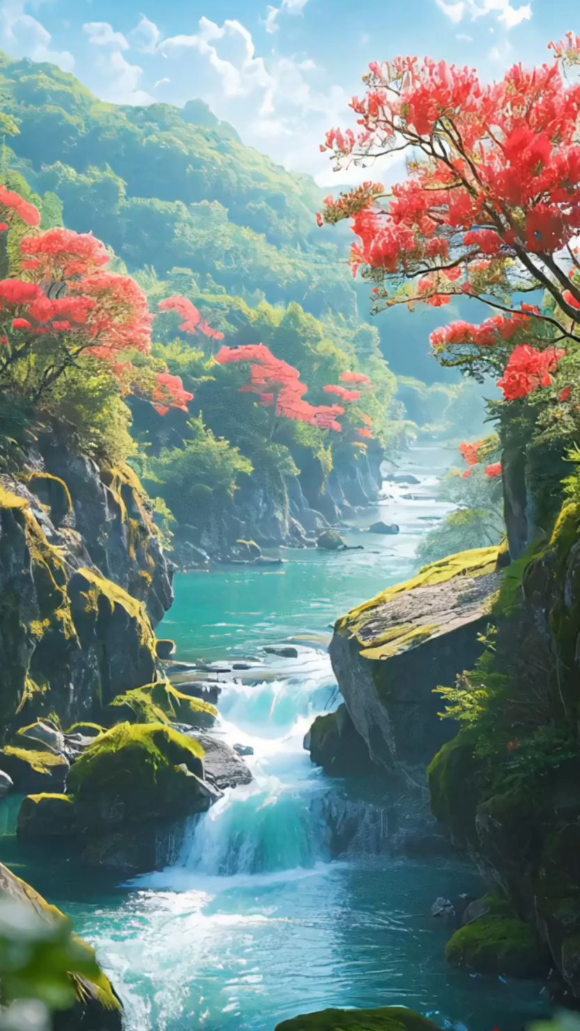 山间惊现红叶瀑布奇观