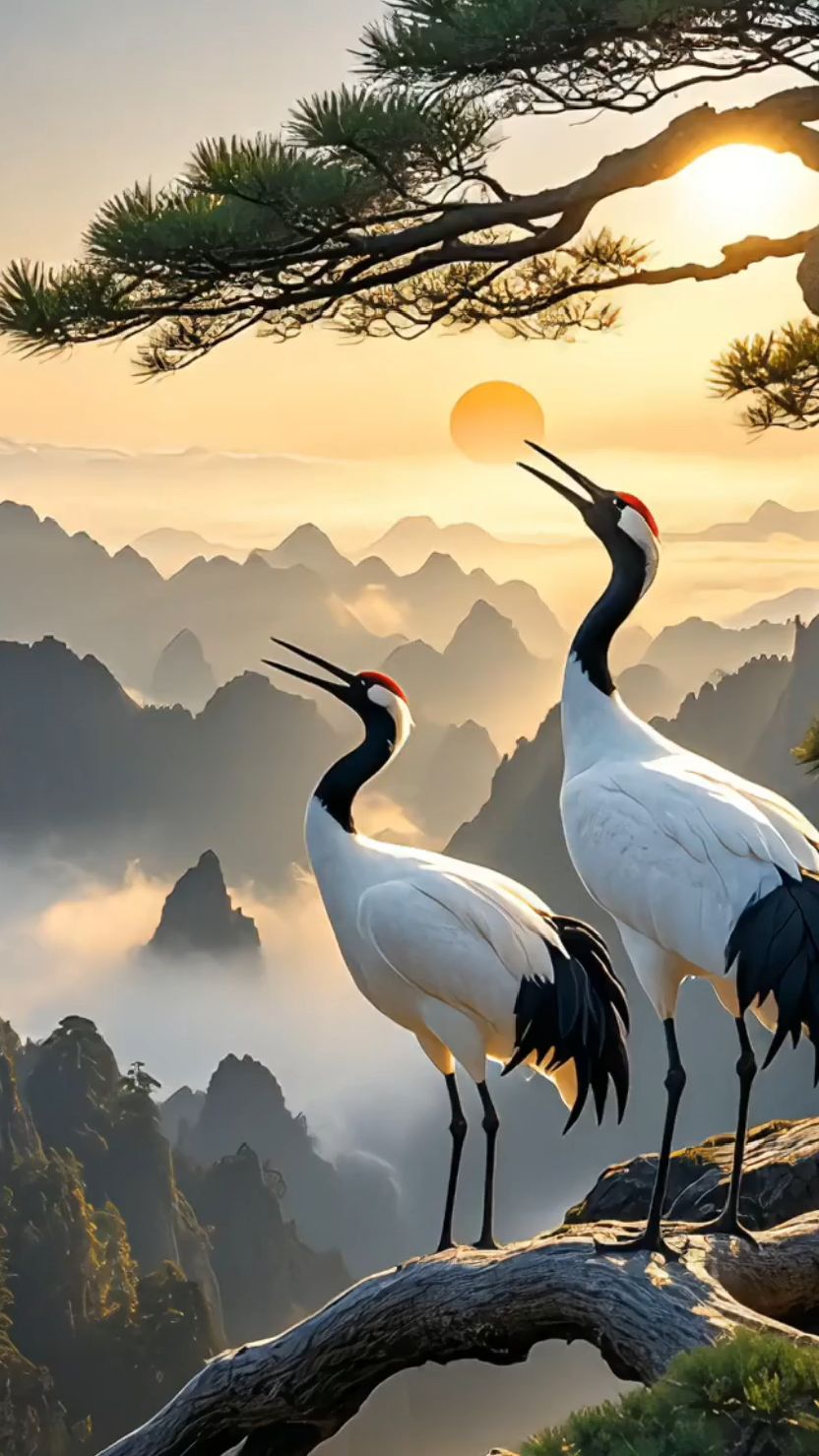 日落时分,邂逅白鹤与云海的梦幻之境