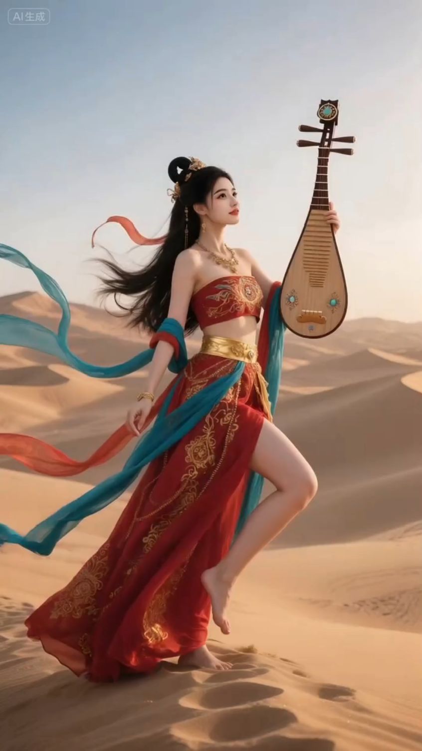 敦煌沙海间,美女环抱琵琶,似借弦上语,诉说丝路千年风烟