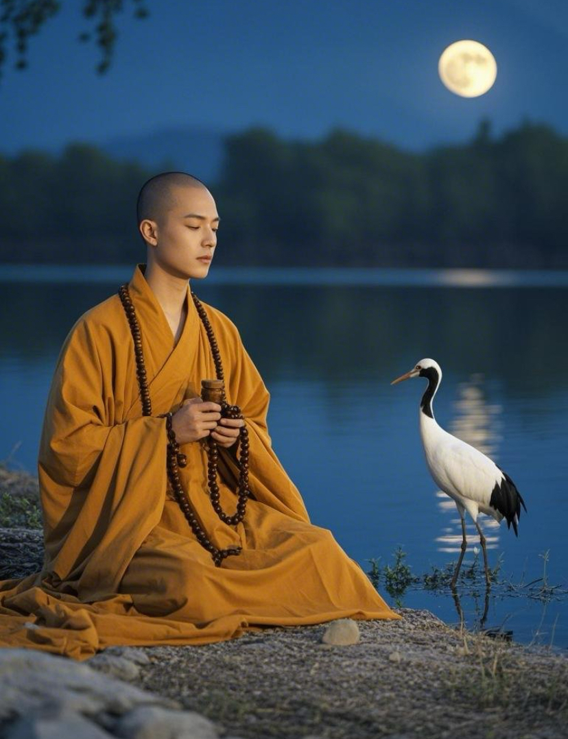 修行最高境界拿着小鸟和尚养鱼青灯古佛的男人古风男子准备出家图片