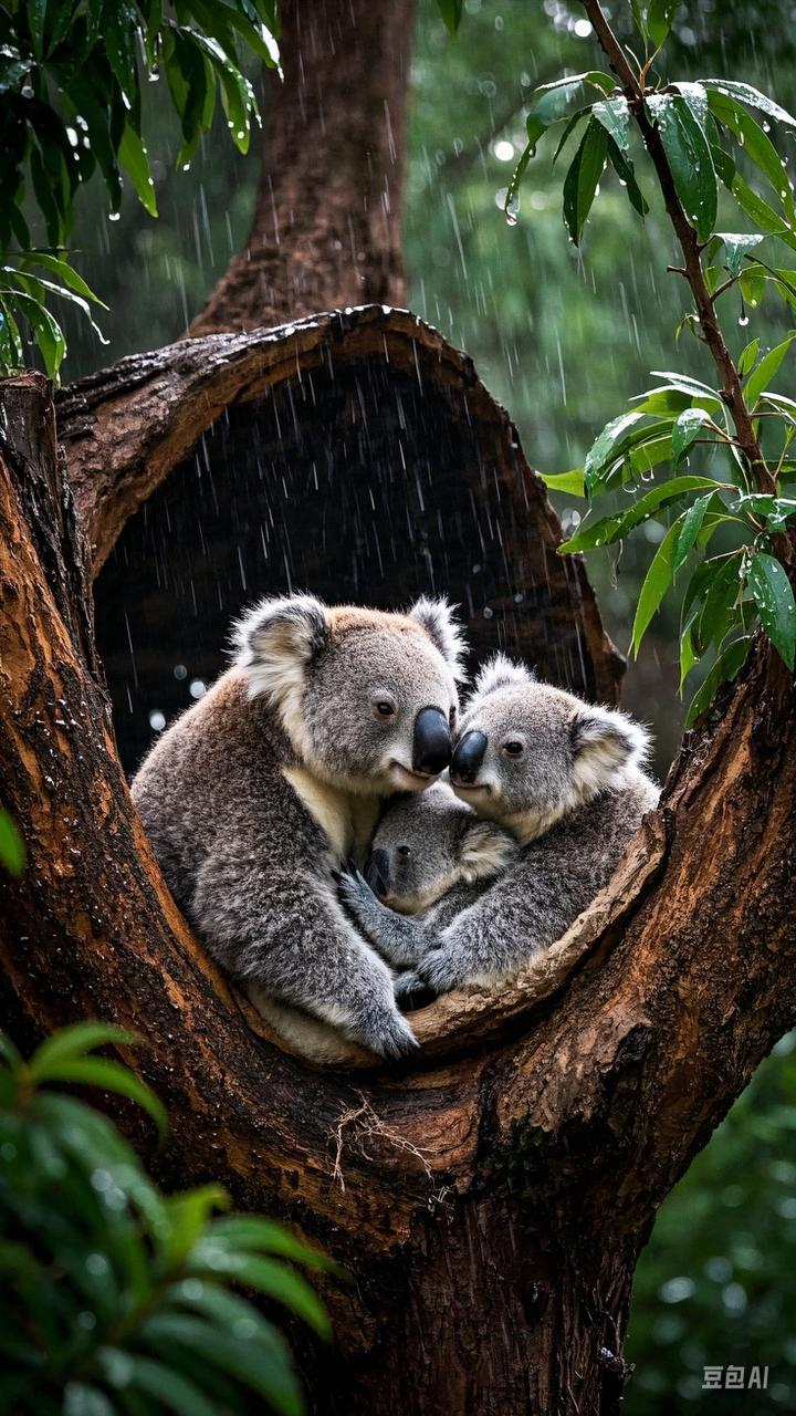 三只小小的树袋熊紧挨着妈妈