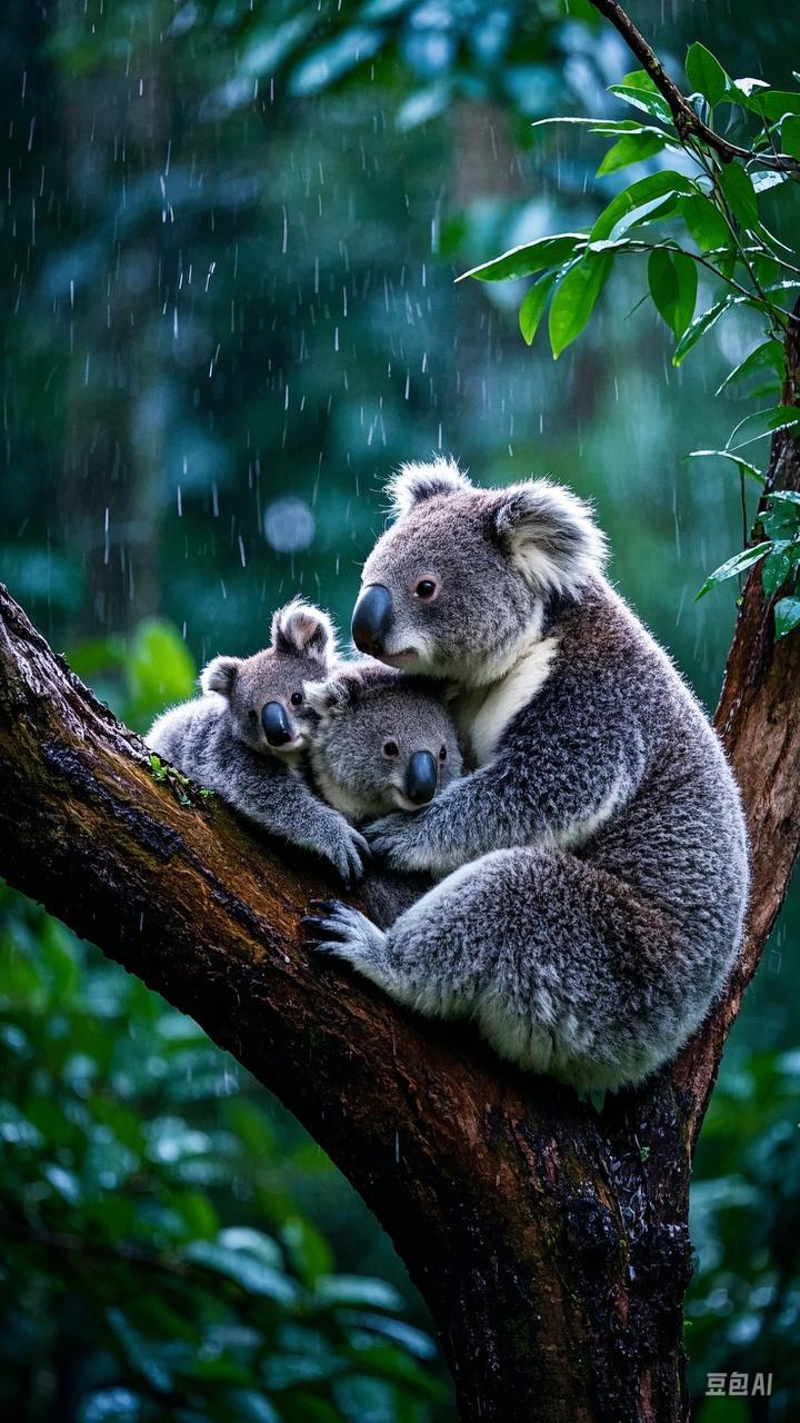 三只小小的树袋熊紧挨着妈妈