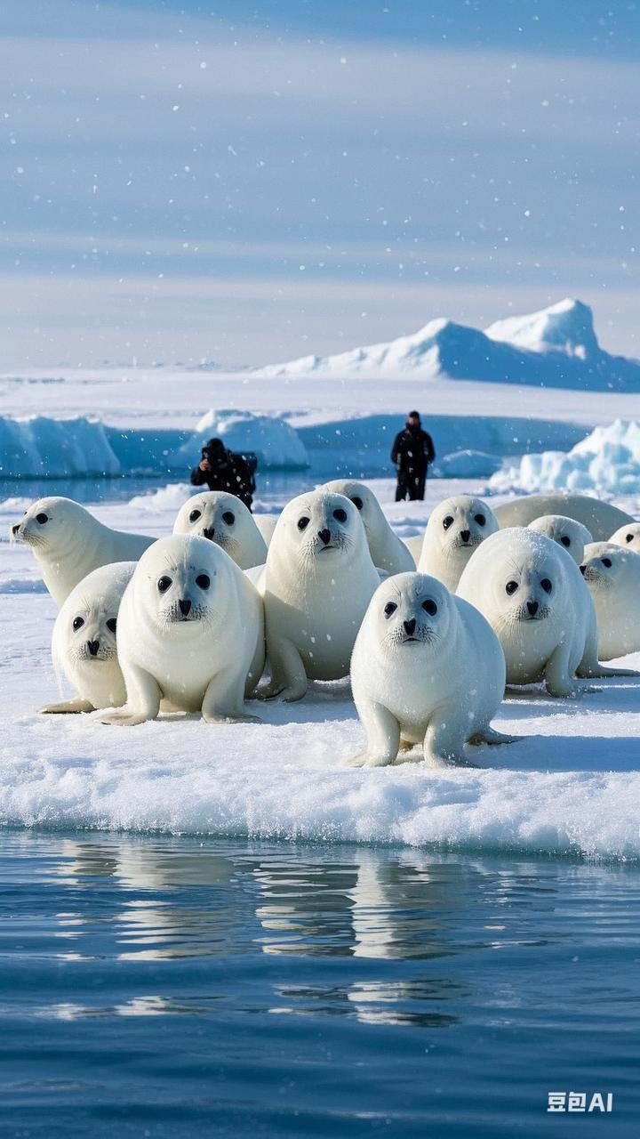 小白海豹们整齐地排成一列,步伐缓慢而悠闲,同时眼睛一直看向镜头