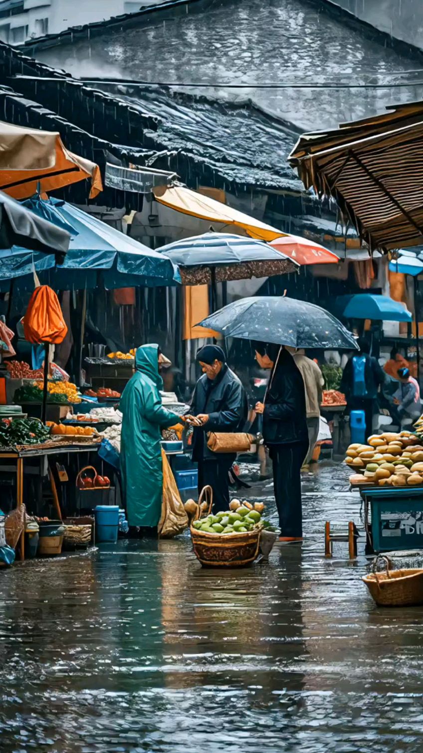 雨中的乡村集市,热闹非凡