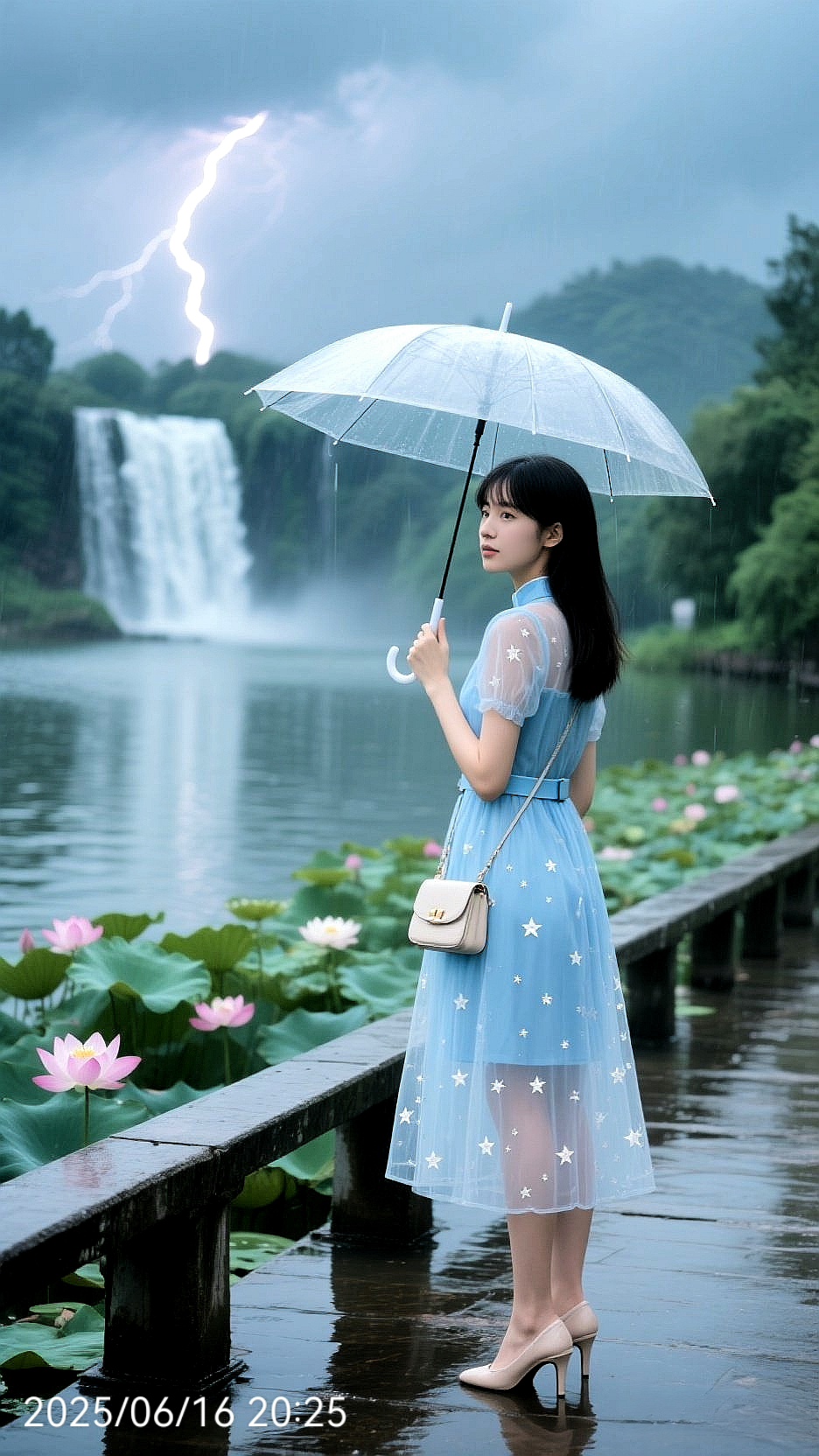 雨中漫步,撑伞漫步在湖边,感受自然的宁静与美好#时尚穿搭# #女神穿搭