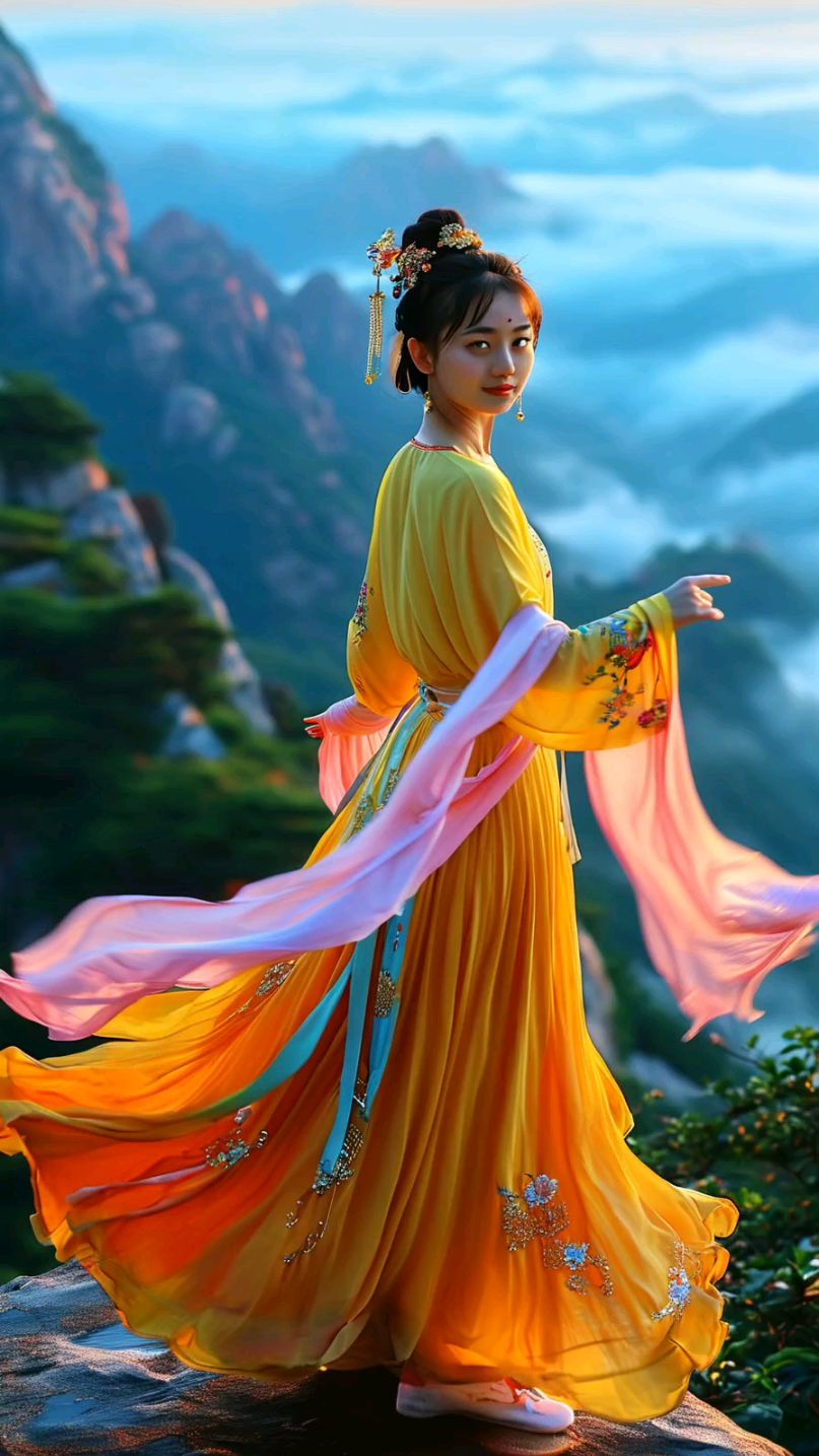 美丽的公主,在名山大川摆弄舞姿