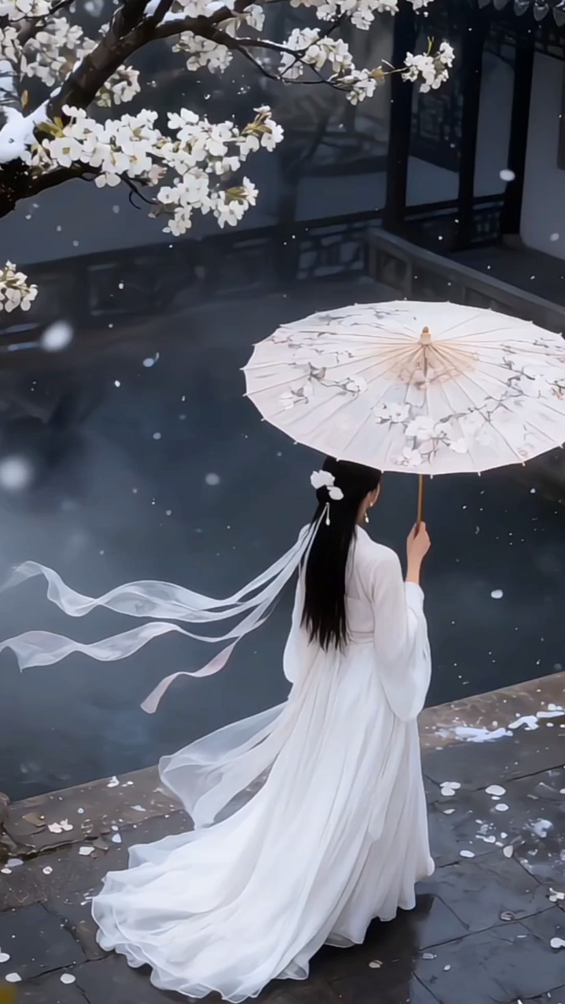 《精卫》七绝#歌影诗心#古风白衣撑伞女子#古风如画