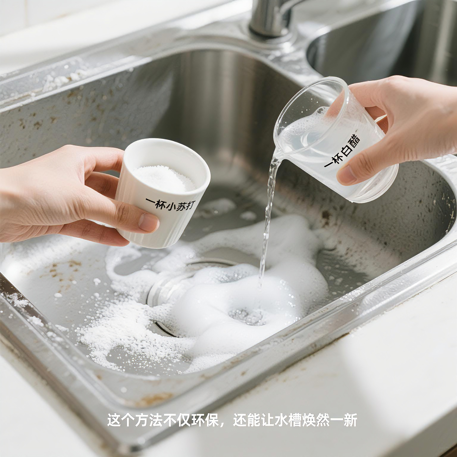 首先,将一杯小苏打均匀撒在水槽的表面,然后倒入一杯白醋
