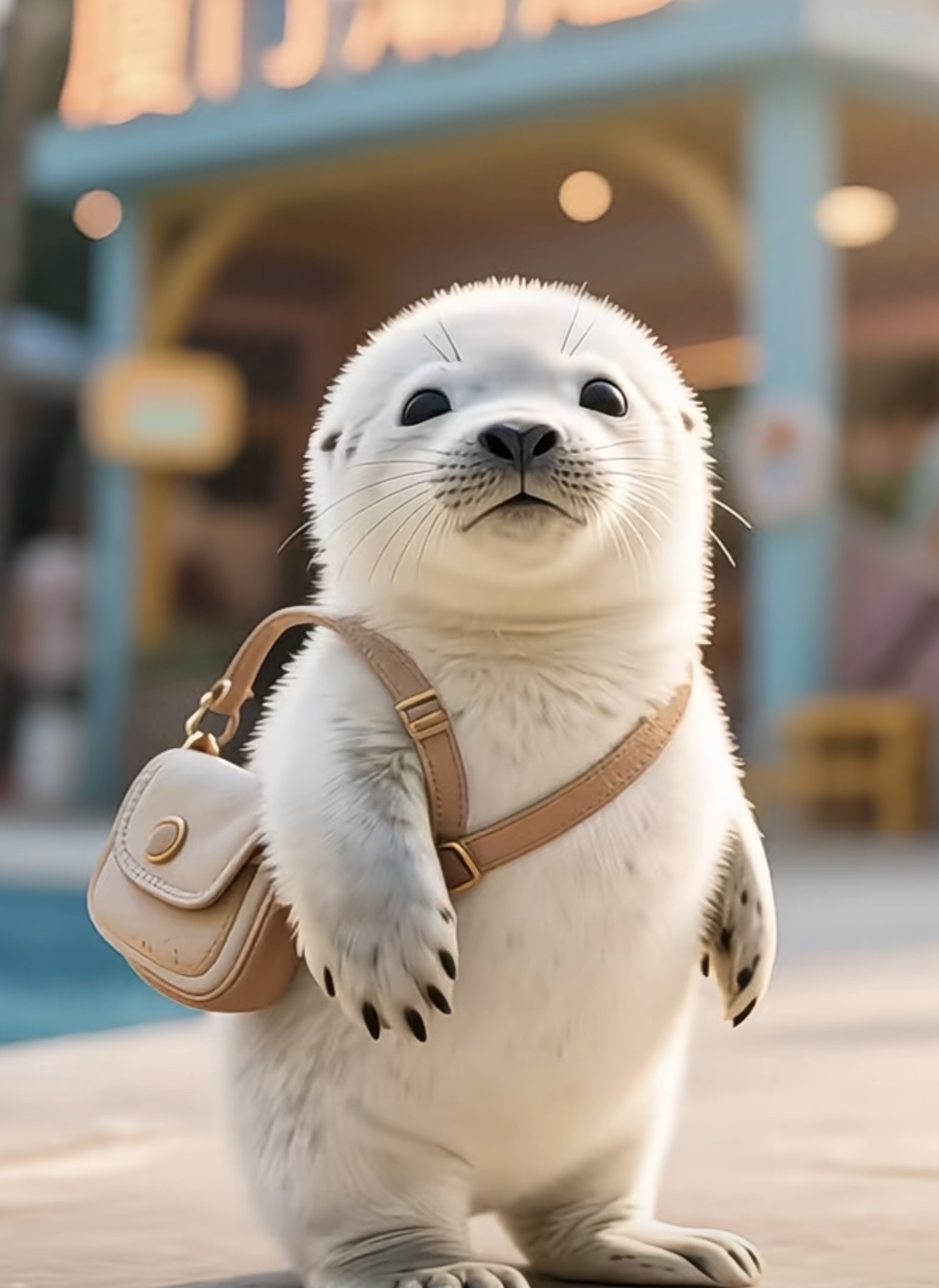 家人们,被这只海豹宝宝萌化啦!瞧它,背着小挎包,一副要去探险的模样