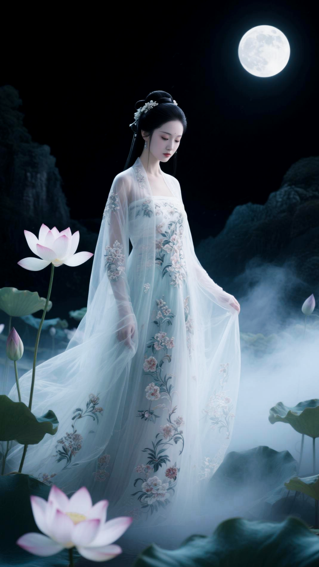 在静谧的月夜下,云雾缭绕的荷塘边,一位身着浅绿薄纱古装的女子,宛如