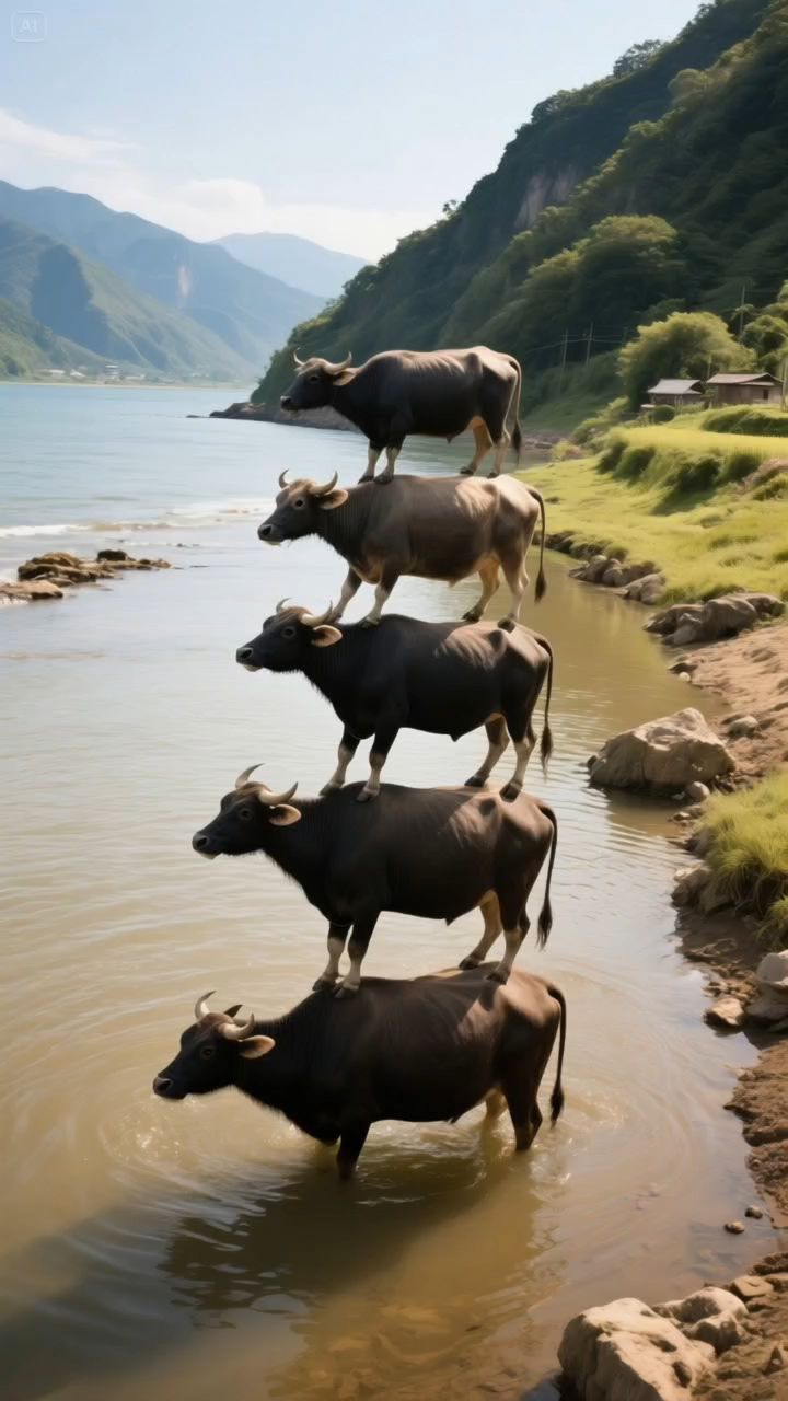 五条牛在河水中一起表演过河