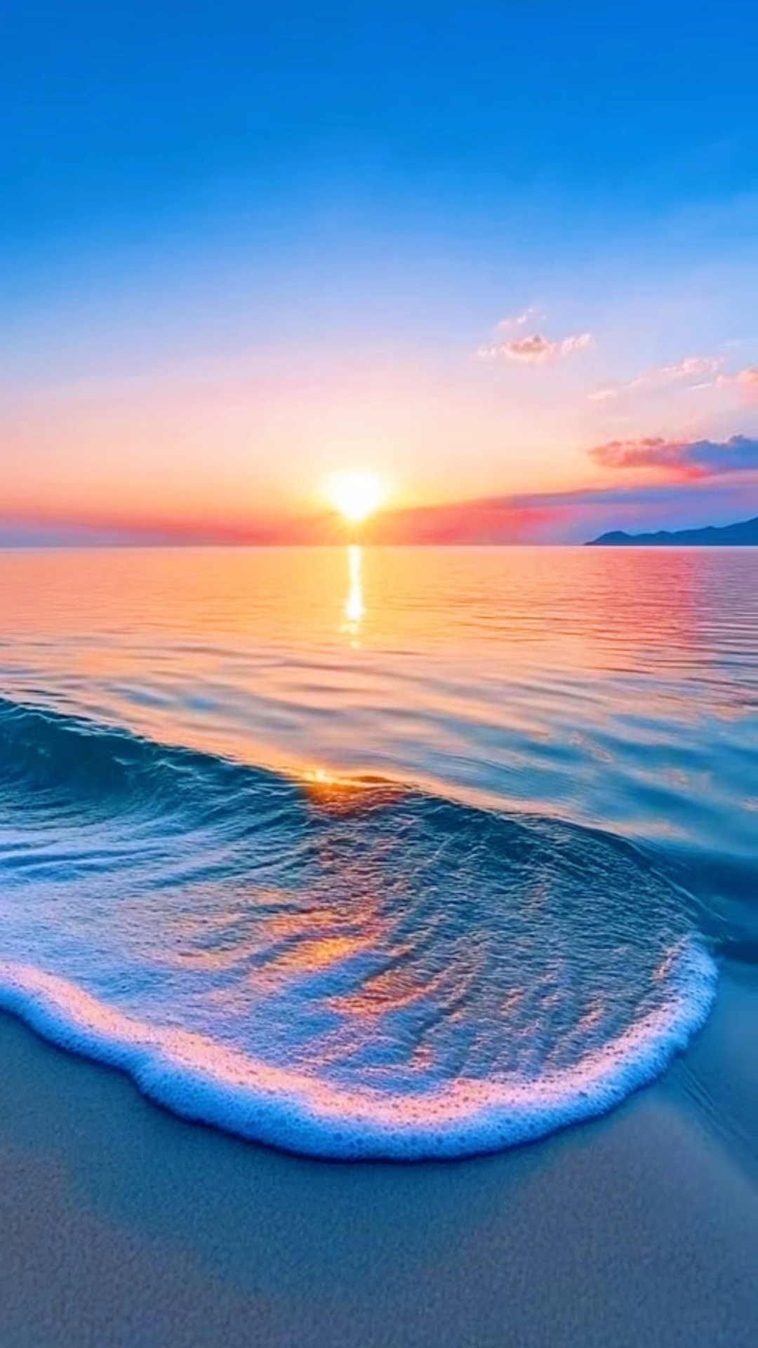 夕阳的余晖洒在大海上,天空和海面被染成了一幅无比的画卷