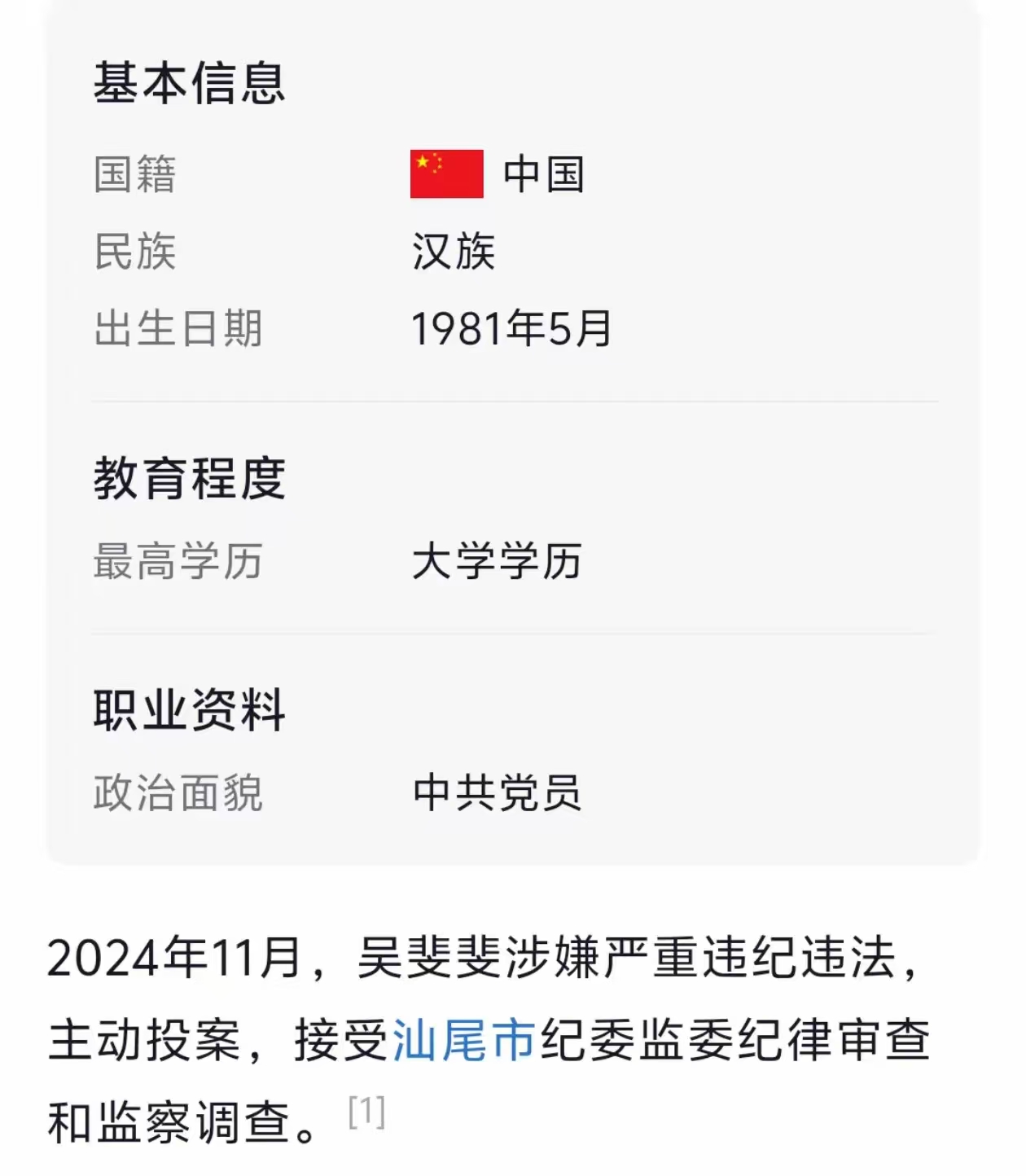 汕尾市80后副处级女干部吴斐斐投案自首