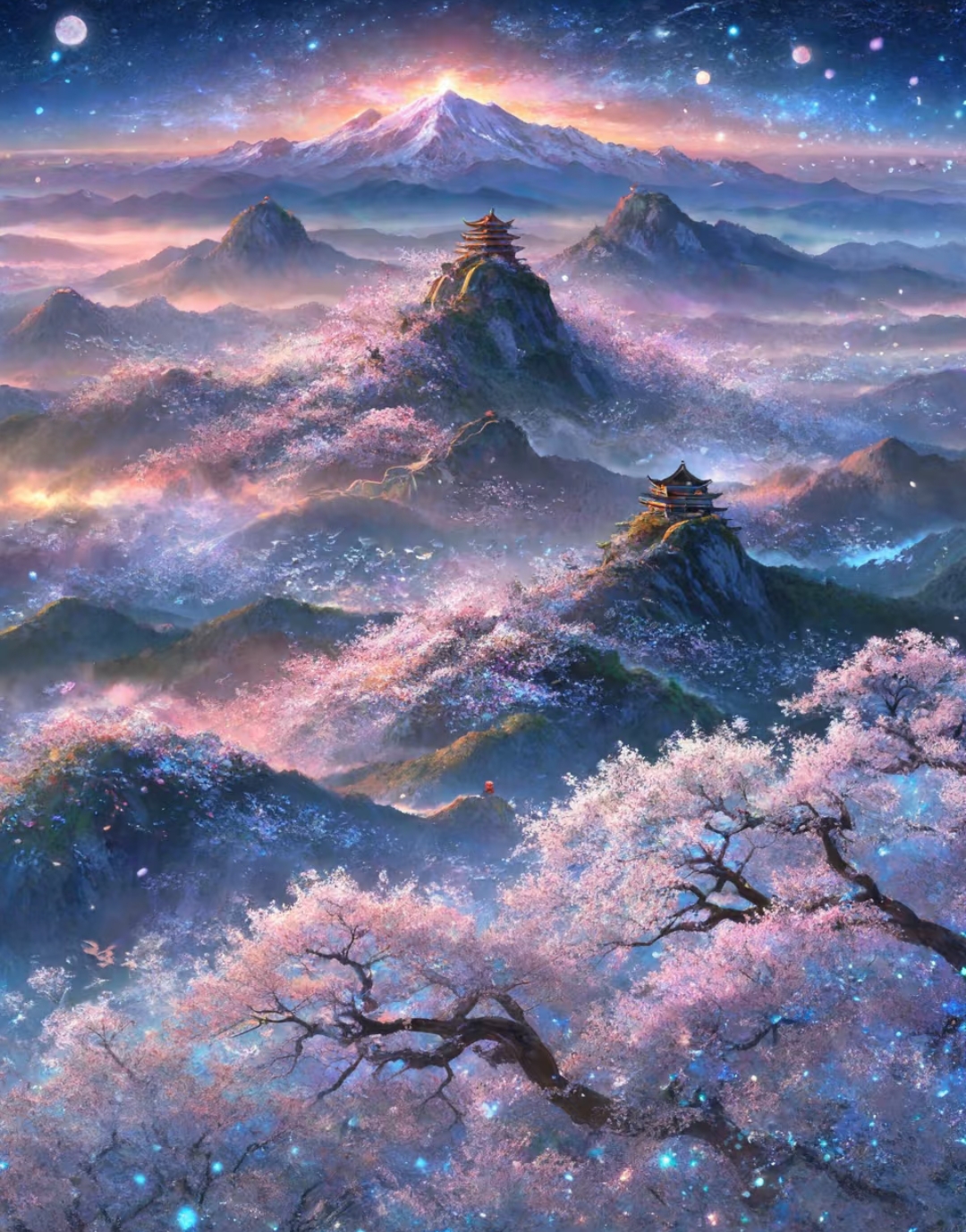 樱花树在风中轻舞,花瓣如雪飘飞