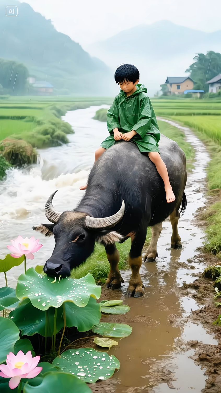 雨天的乡村田园和牛背上的牧童