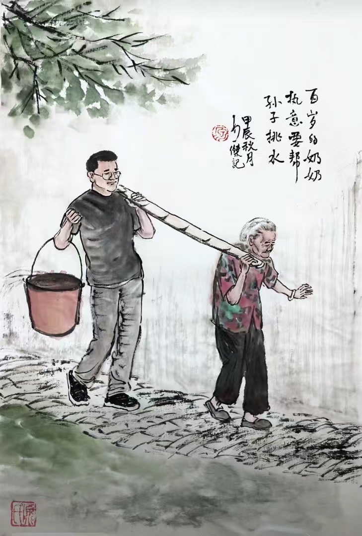 百岁奶奶执意帮挑水,这一老一少画出中国人最动人的传承