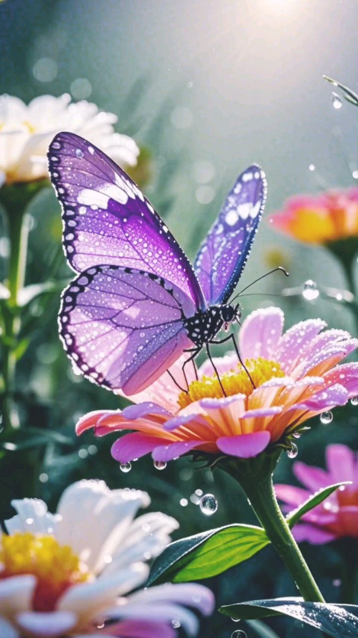 紫蝴蝶轻舞在粉花间,阳光洒下梦幻的滤镜