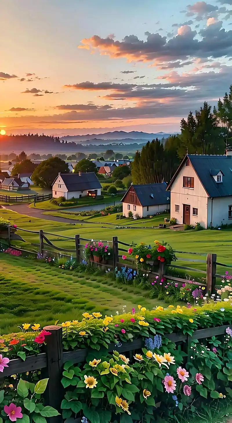 村子里,错落有致的房子蒙上一层暖光,温馨而宁静