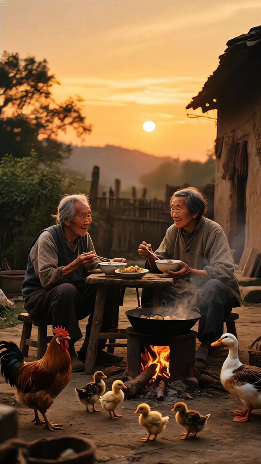 夕阳小院,老夫妇用餐,鸡鸭围绕,满是岁月温情