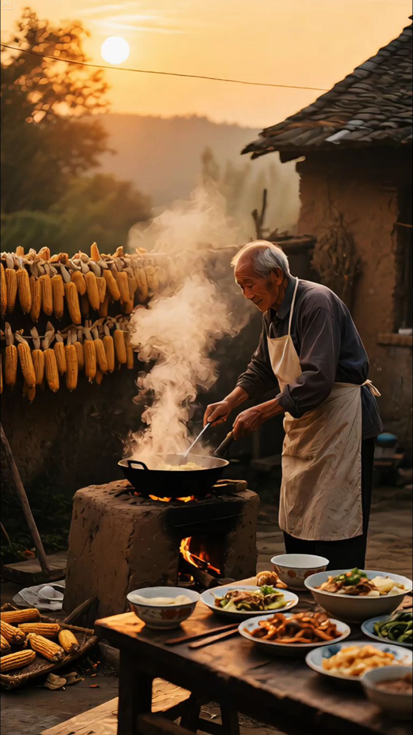 夕阳下老人土灶烹饪,佳肴摆满桌,尽是乡村烟火气
