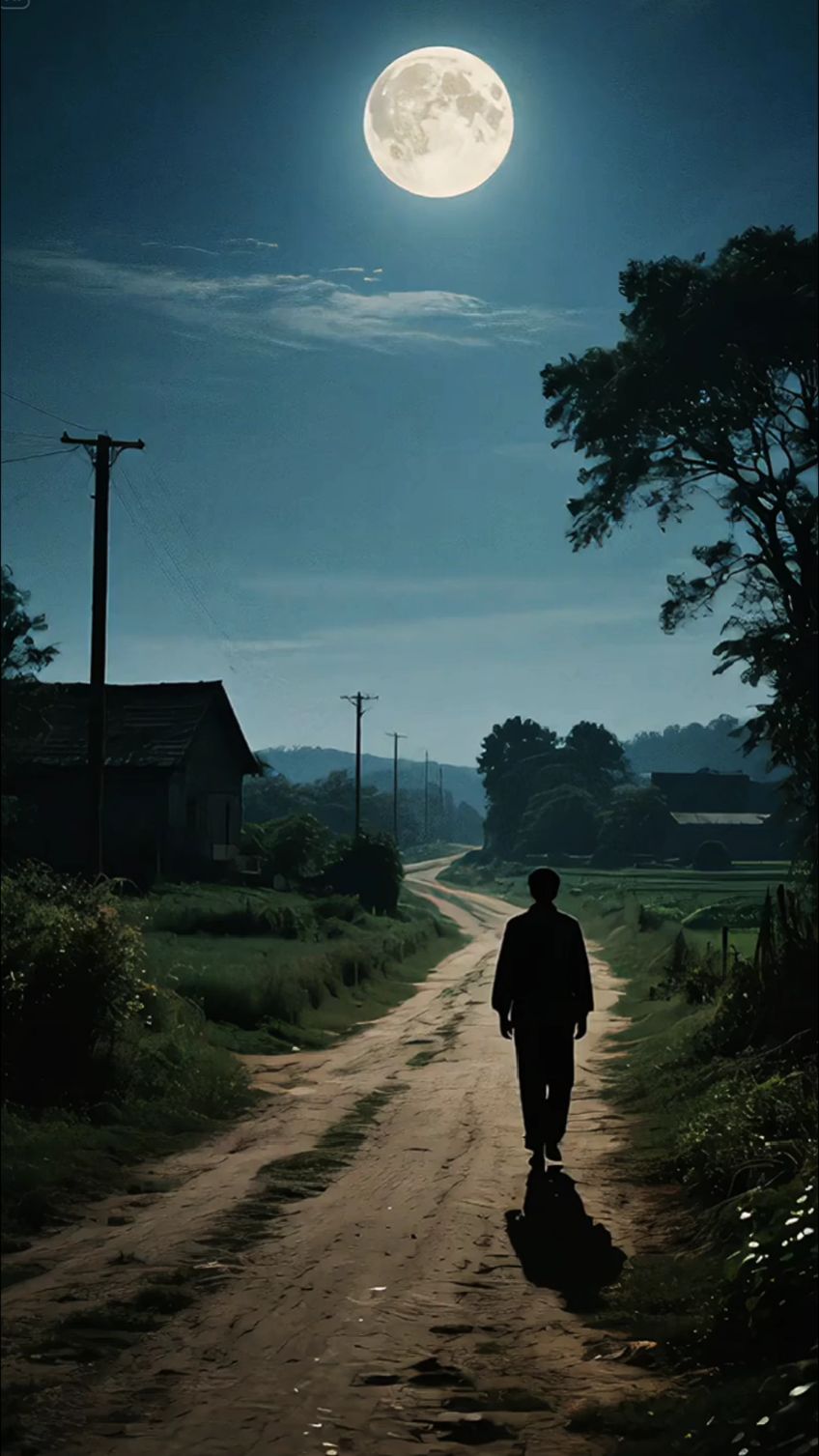 月夜乡间小路,一人独行,身影被月光拉长,满是孤寂