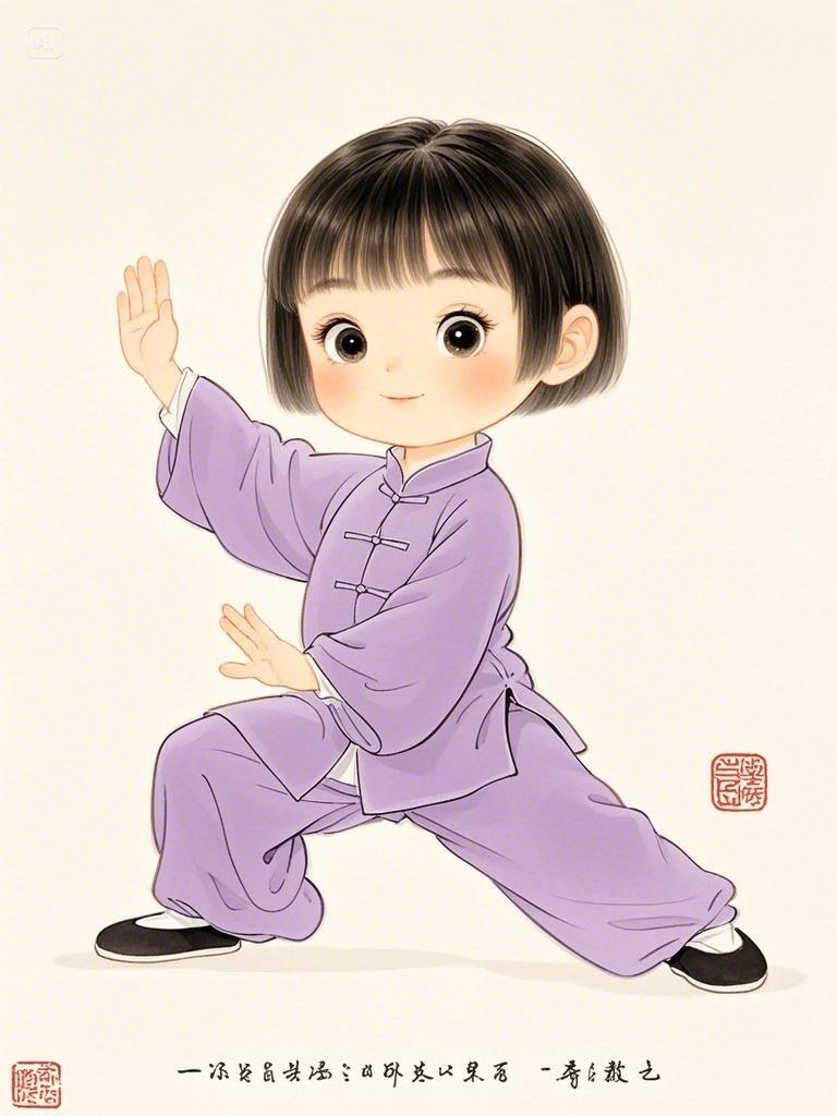 治愈系插画:练太极拳的小女孩