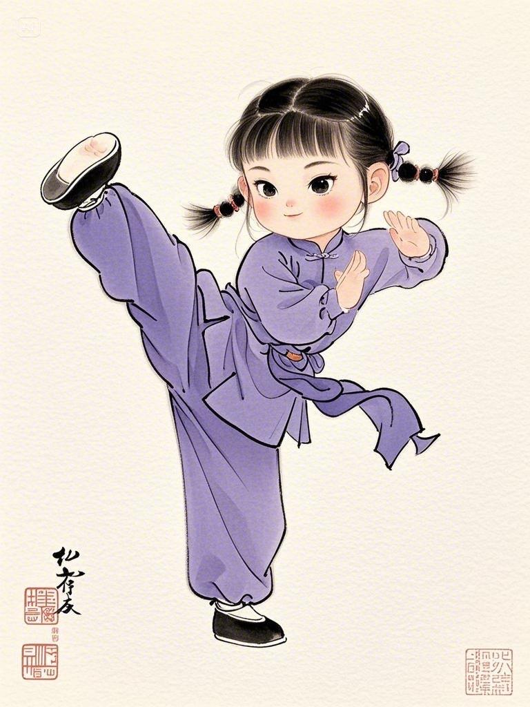 治愈系插画:练太极拳的小女孩