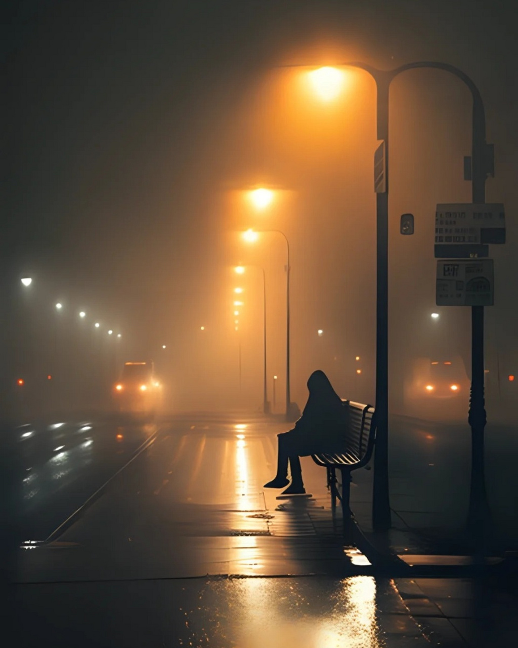 在雾霭沉沉的夜晚,路灯洒下暖黄的光,如同一串串金色的珠帘