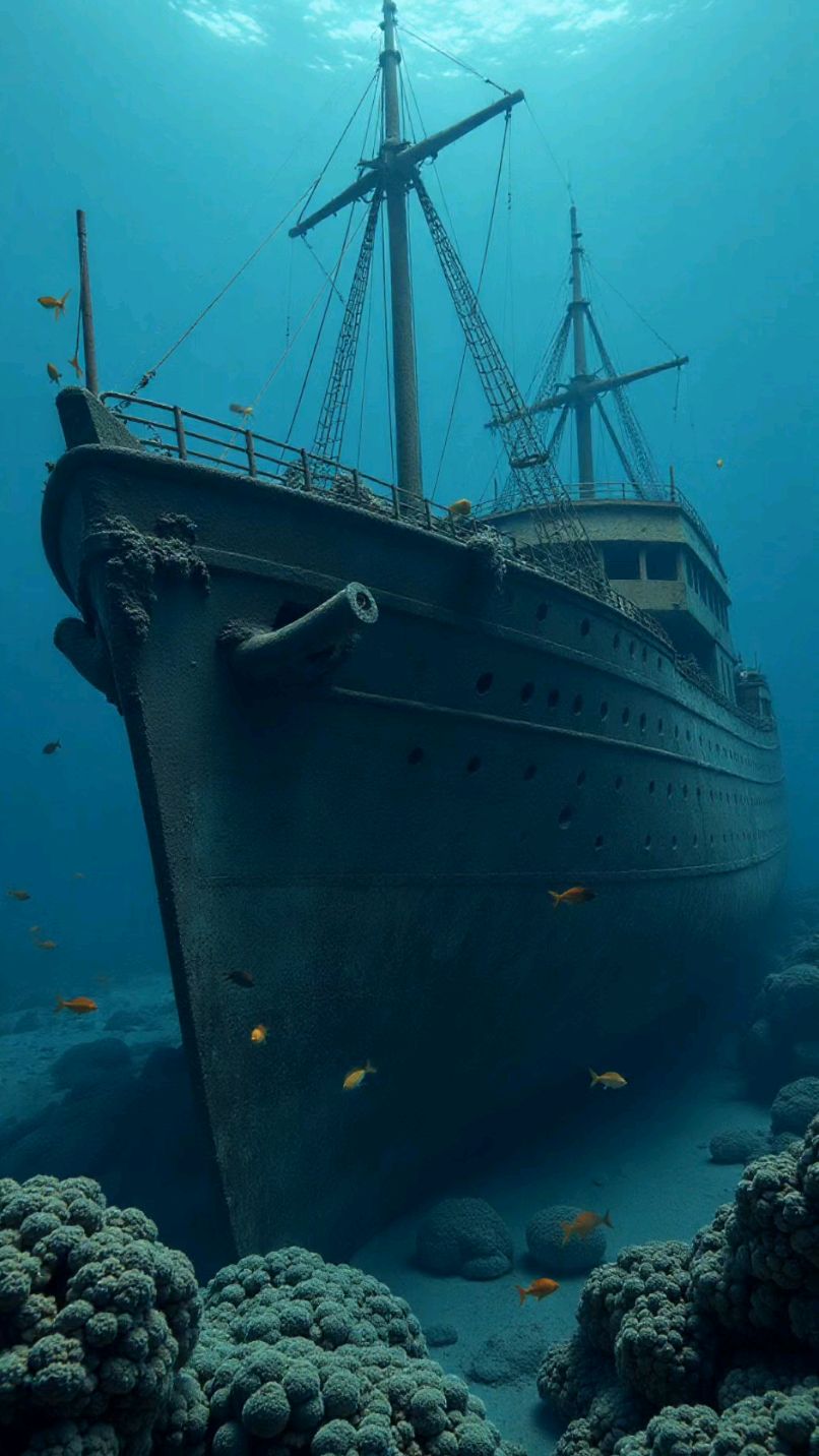 海底沉船,一艘曾经的巨轮的残骸静静地躺在海底